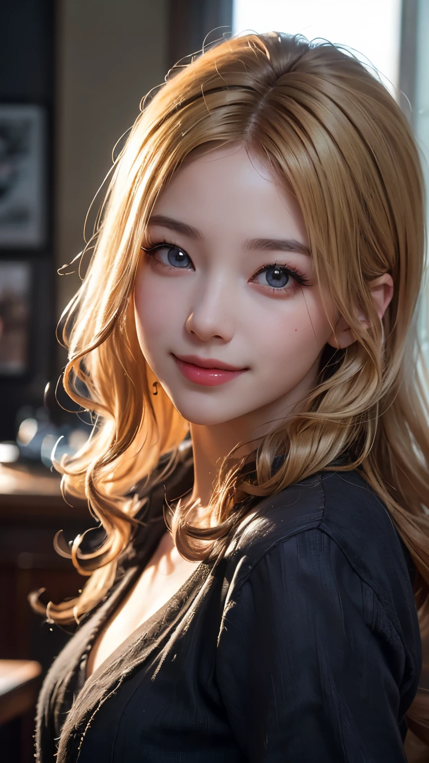 (Best quality,4K,8K,A high resolution,Masterpiece:1.2), Ultra-detailed, (Realistic,Photorealistic,photo-realistic:1.37), Studio lighting, Physically-based rendering, Vivid colors, Chinese women with curly blonde hair and red eyes, smiling