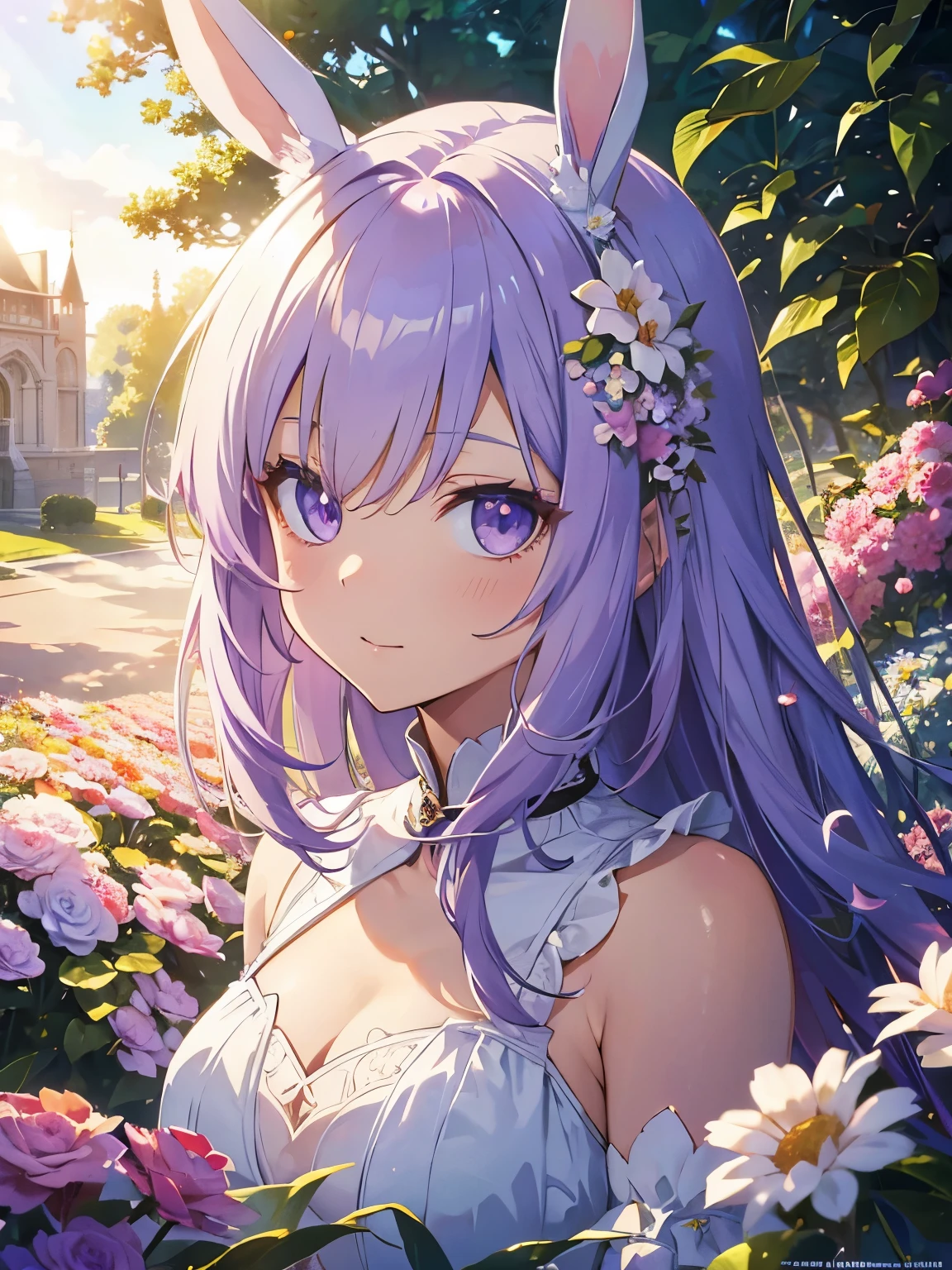 Official Art, Masterpiece European female, light purple hair , purple eyes, (masterpiece、top-quality、hight resolution: 1.4),in 8K, Anime Art Nouveau, highly detailed exquisite fanart, anime fantasy illustration, clean detailed anime art, detailed anime art, Sharp Focus, Delicate Beautiful Hair and Eyes and Face, realisitic, ultra-detailliert, flower garden, sunlight, white bunny ears,