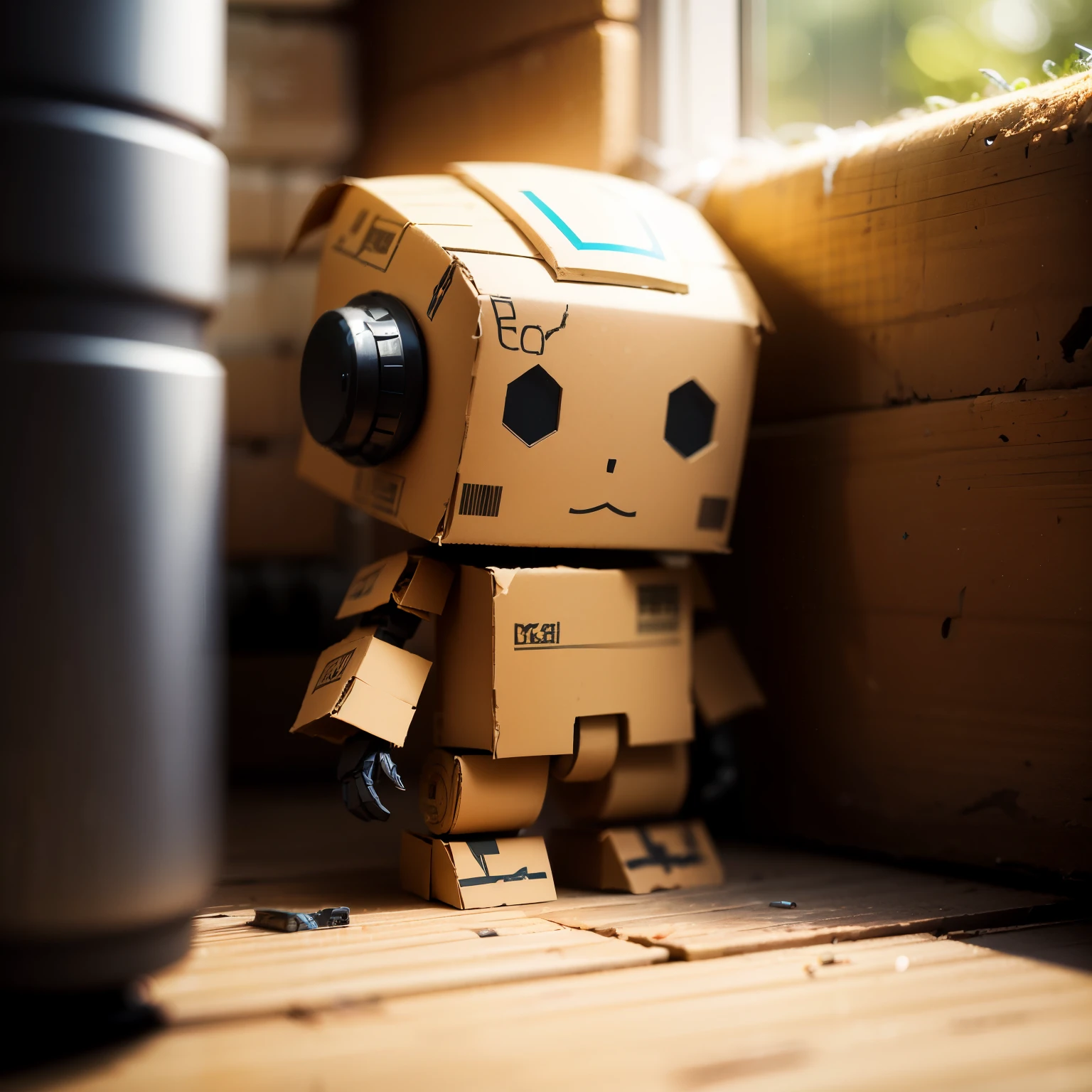 A robot made of cardboard sat dejectedly in the corner,chibi,full_body,Sunlight,Tyndall effect,Ultra HD, high resolution, depth of field, minimalism