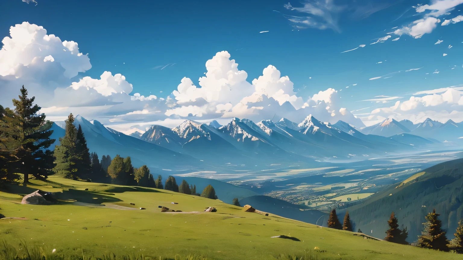 mountains grass sky clouds