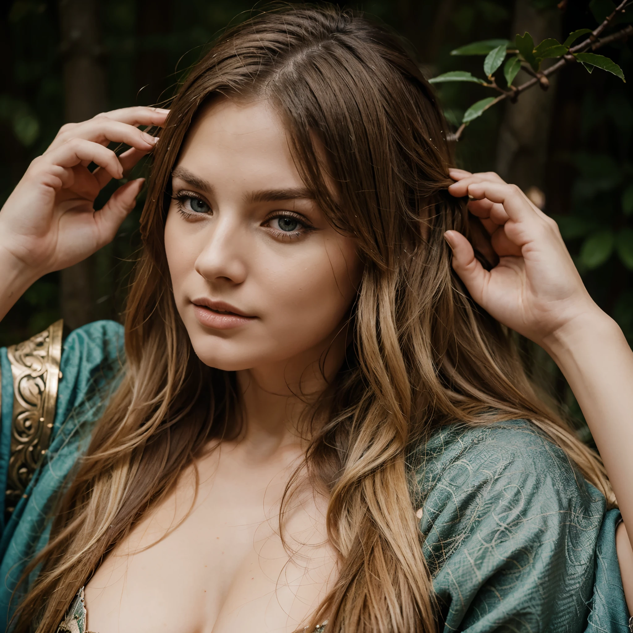 beautiful woman, long blond hair, mystic northern viking girls, warrior makeup like ancient valkyries, in a snowy forest with big rocks, closeup portrait, face with high details, some imperfection in skin.