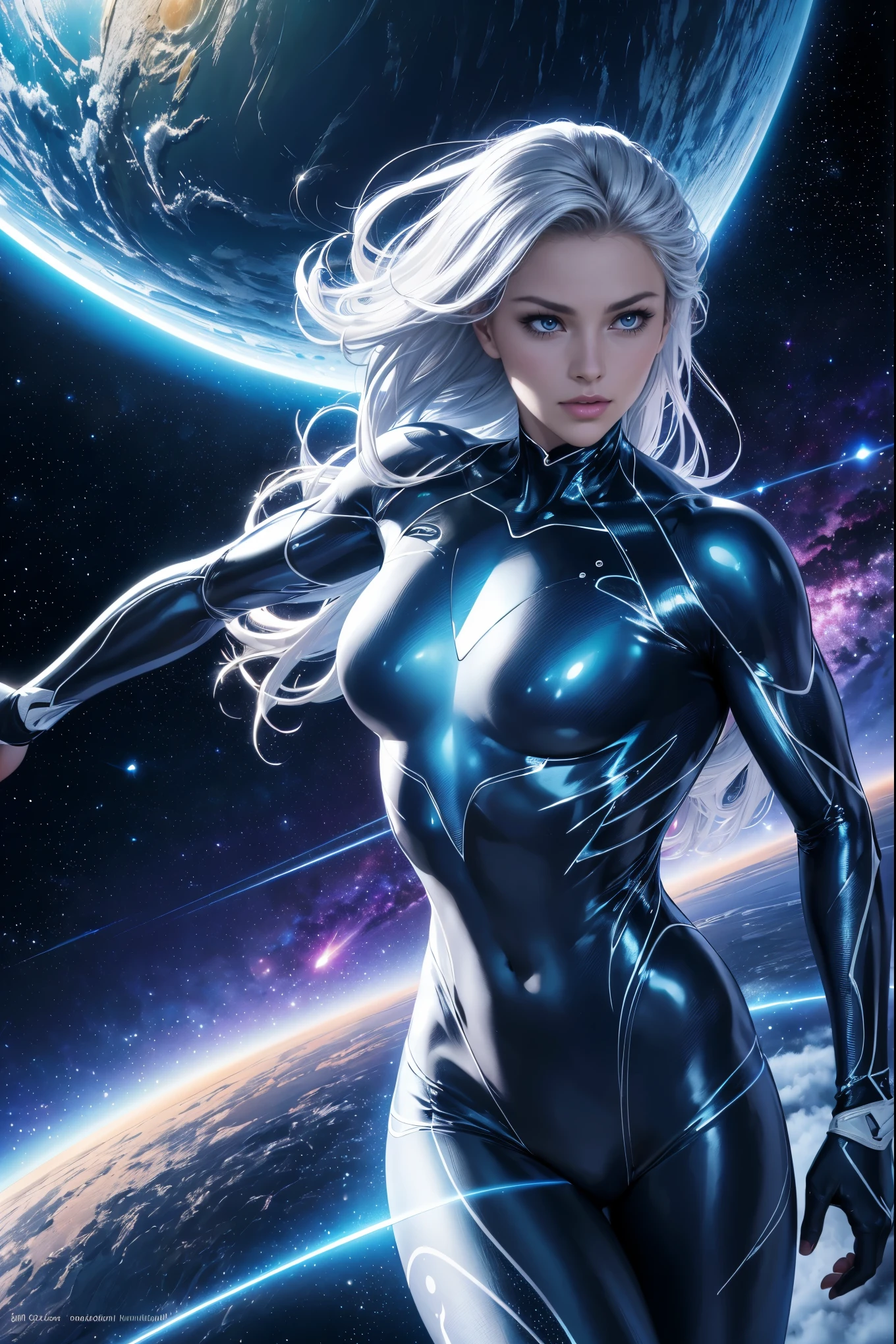 (best quality,4k,8k,highres,masterpiece:1.2),ultra-detailed,(realistic,photorealistic,photo-realistic:1.37),the Silver Surfer, man, male on silver surf board in space,surfing through a beautiful galaxy in space, perfect balance and posture, glowing blue eyes, shiny silver board, flowing cosmic nebulae, mesmerizing stardust trails, elegant and fluid movements, intense speed and agility, celestial backdrop with vibrant colors, sparkling stars and distant planets, ethereal lighting effects, otherworldly atmosphere, sleek and seamless silver skin, cosmic energy radiating from the Surfer, surreal and awe-inspiring scenery, dynamic and captivating composition.