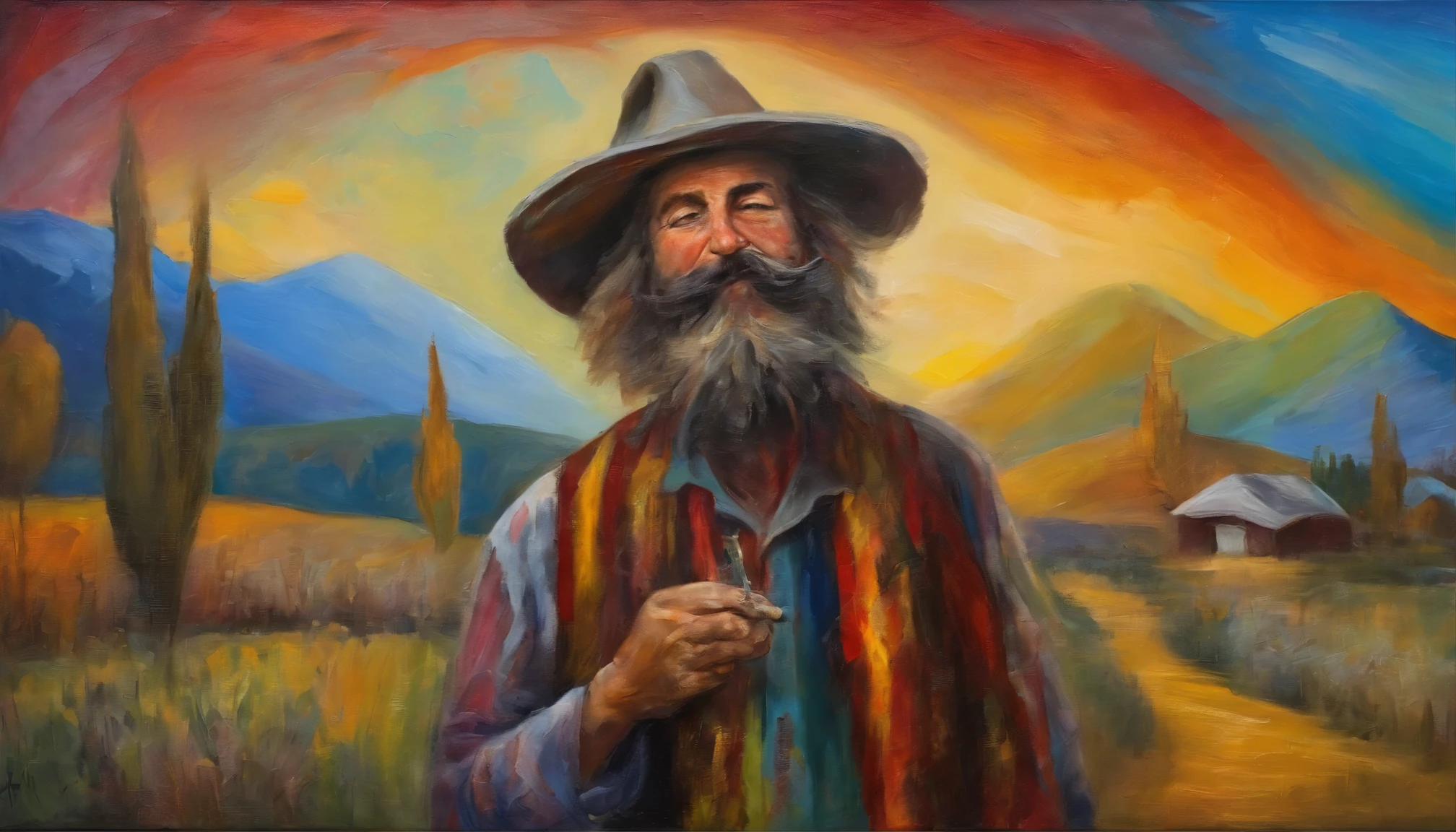 the setting of the scene reflect the atmosphere of the prompt; marijuana and hobo clown Texas man living in Ogden Utah with a bald head very long beard and mustache. embracing each other well god is watching over us (no hat)
