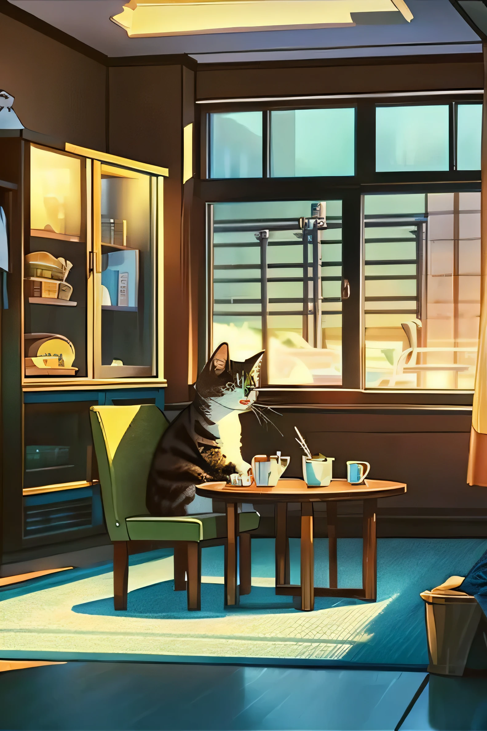 Modern anime style illustration of a cat reading a newspaper, Headlines highlighting recently released economic indicators. A cat with human-like intelligence and curiosity is depicted.。, sitting at a cozy breakfast table, Bright kitchen. The kitchen is equipped with contemporary appliances and a warm atmosphere。, cozy atmosphere, Reflects a comfortable morning routine. Cat facial expressions showing concentration and interest, It&#39;s grabbing the newspaper with its front paws.、, realistically like a cat. Scenes that combine elements of everyday life with a quirky twist, Blending modern anime aesthetics with manga-like exaggeration for emotional expression. 16:With aspect ratio 9、View this fascinating scenario in widescreen.