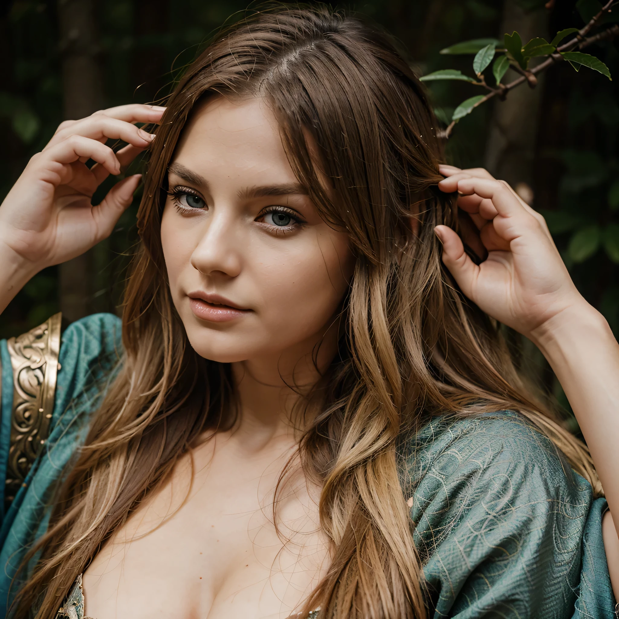 Belle femme, de longs cheveux blonds, Filles mystiques des Vikings du Nord, maquillage de guerrier comme les anciennes valkyries, dans une forêt enneigée avec de gros rochers, portrait en gros plan, Visage avec des détails élevés, quelques imperfections de la peau.