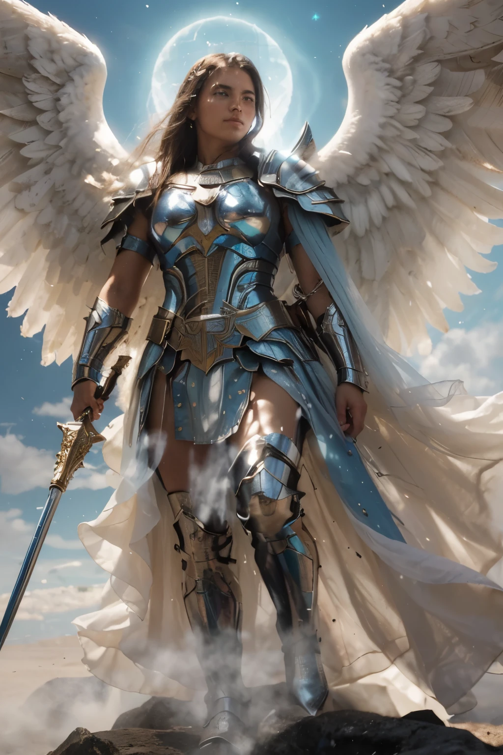 (((Holy Guardian Angel Warrior. 17 years old. IN CUSTOM METALLIC COLORS maya blue))) luminoso, obra maestra, (Mejor calidad: 1.2), (super fine: 1.2), illustration, (extremadamente delicado y hermoso: 1.2), movie angle, flotante, (Hermoso detalle ojo: 1.1), (detalle de luz: 1.1), Movie Lights, Cielo delicado, ojos azules, (cola de caballo alta: 1. 1), capa, Ojeteador, cielo estrellado, (light particles: 1.1) Dibujo, flor. (obra maestra), (Mejor calidad), (fotorrealista:1.3), 8k, textura de piel detallada, Textura de tela detallada, hermoso rostro detallado, detalles intrincados, ultra detallado (Cuerpo completo:1.2)
Traducido con DeepL.con (Free version)