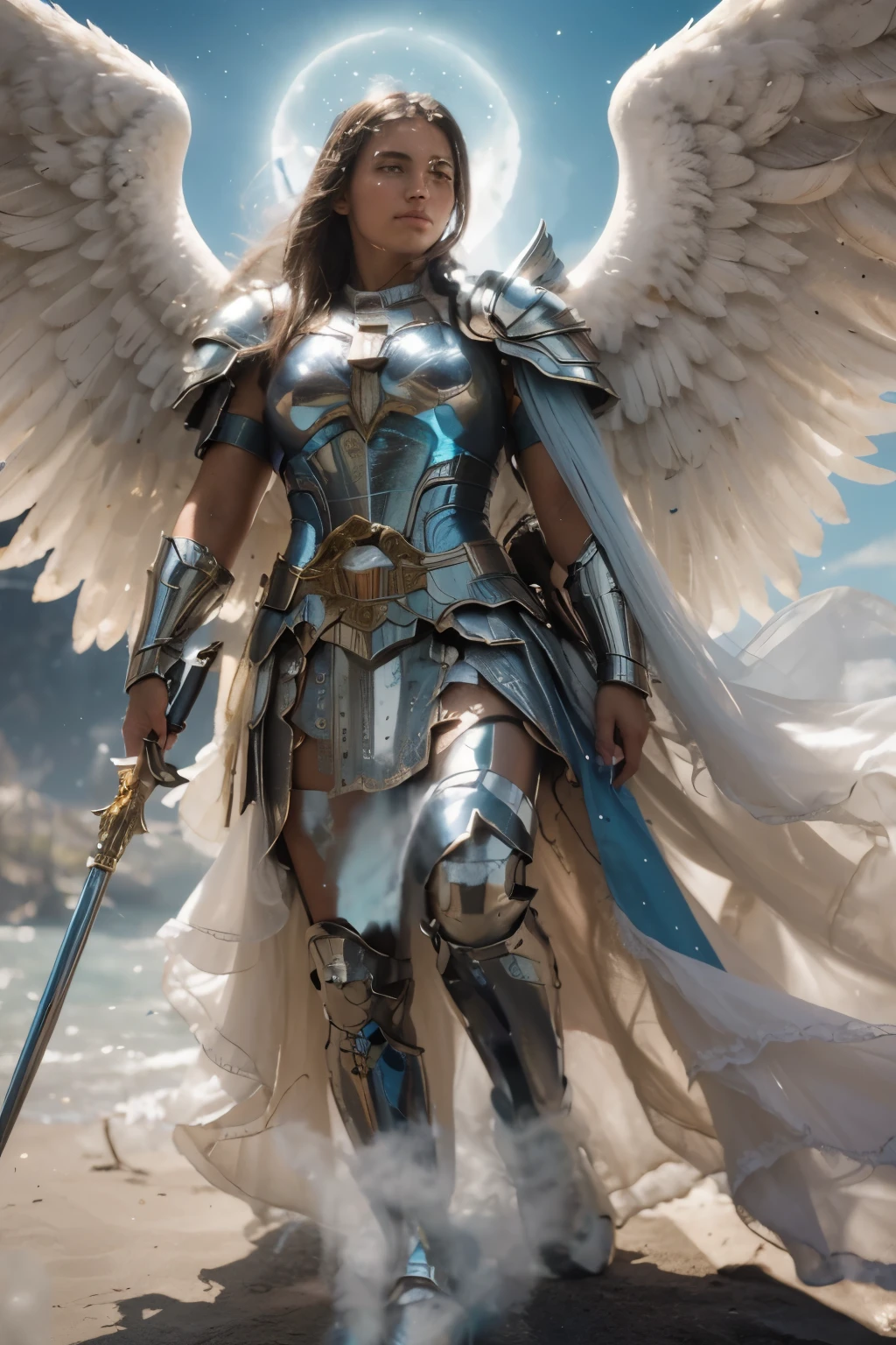 (((Holy Guardian Angel Warrior. 17 years old. IN CUSTOM METALLIC COLORS maya blue))) luminoso, obra maestra, (Mejor calidad: 1.2), (super fine: 1.2), illustration, (extremadamente delicado y hermoso: 1.2), movie angle, flotante, (Hermoso detalle ojo: 1.1), (detalle de luz: 1.1), Movie Lights, Cielo delicado, ojos azules, (cola de caballo alta: 1. 1), capa, Ojeteador, cielo estrellado, (light particles: 1.1) Dibujo, flor. (obra maestra), (Mejor calidad), (fotorrealista:1.3), 8k, textura de piel detallada, Textura de tela detallada, hermoso rostro detallado, detalles intrincados, ultra detallado (Cuerpo completo:1.2)
Traducido con DeepL.con (Free version)