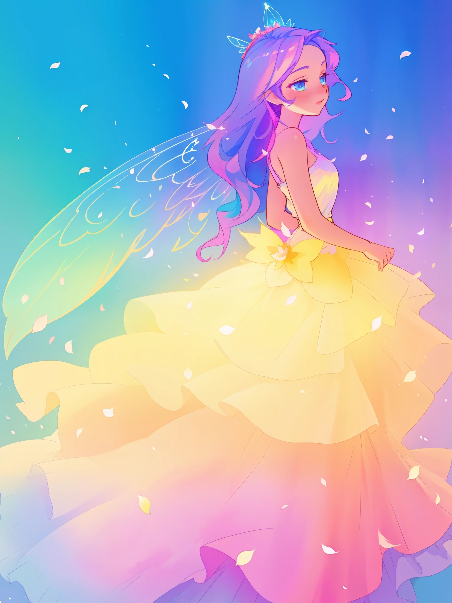 beautiful girl in tiered gradient ballgown dress, gradient colorful dress, ((layered flower petal skirt)), fairy dress, fairy queen, magical fantasia background, (glowing fairy wings), glowing flowing ballgown, long wavy hair, sparkling fairy wings, watercolor illustration, inspired by Glen Keane, inspired by Lois van Baarle, disney art style, jen bartel, beautiful digital illustration, beautiful, masterpiece, best quality, anime disney style