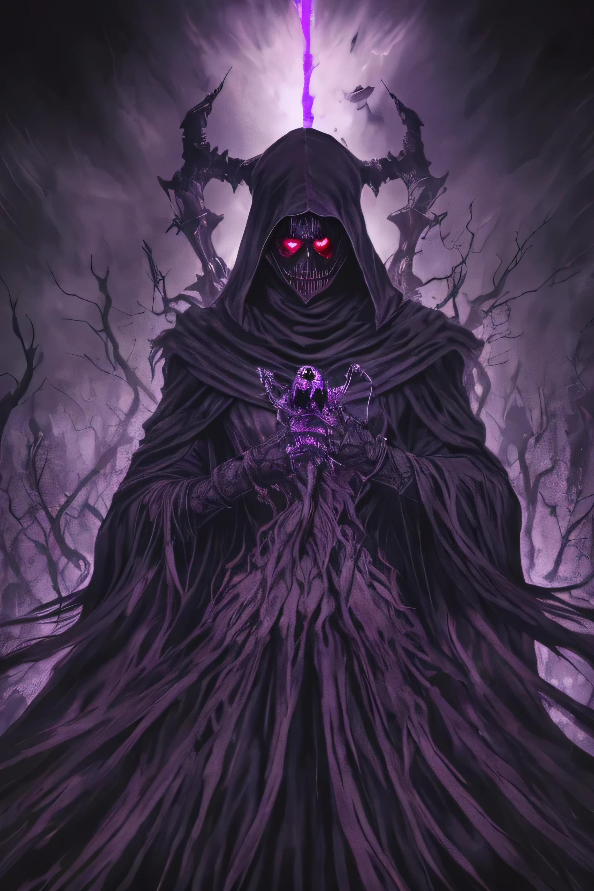 (ashenhard style:1.4), masterpiece, best quality, high quality,(((a dark faceless creature covered in black robes with a dark purple glow and glowing eyes and massive evil grin and surrounded by darkness:1.2))), (darkness:1.2), abstraction, abyssopelagic, award winning photography, Depth of Field, HDR, extremely detailed, trending on artstation, trending on CGsociety, Intricate, High Detail, horrific, scary, horror, grotesque, fantasy