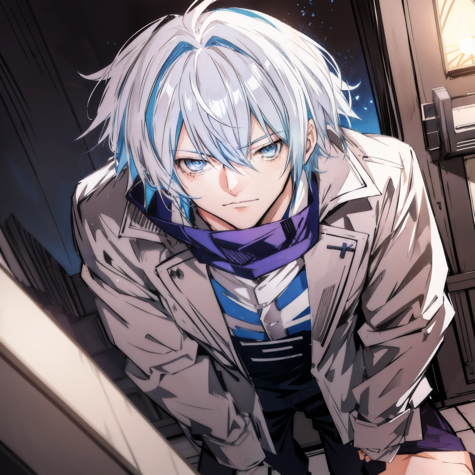 Anime style image of a man with white hair and blue eyes, Hajime Yatate, Nagito Komaeda, Male anime character, Anime handsome man, Big anime guy with blue eyes, junger Anime-Mann, a silberhaarig mad, grau haarig, Kaworu Nagisa, silberhaarig, Male anime style, Koyoharu Gotouge