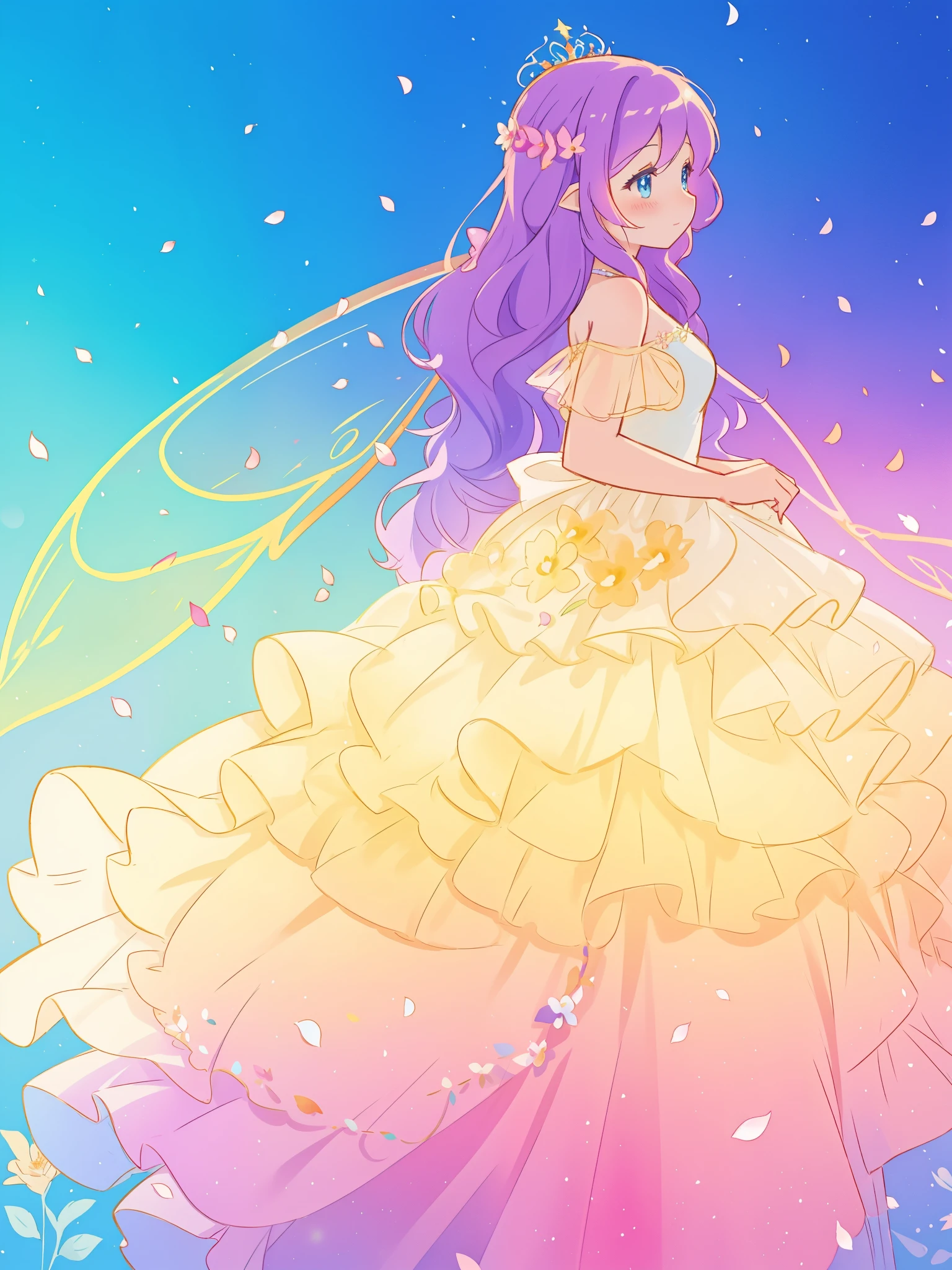 beautiful girl in tiered gradient ballgown dress, gradient colorful dress, ((layered flower petal skirt)), fairy dress, fairy queen, magical fantasia background, (glowing fairy wings), glowing flowing ballgown, long wavy hair, sparkling fairy wings, watercolor illustration, inspired by Glen Keane, inspired by Lois van Baarle, disney art style, jen bartel, beautiful digital illustration, beautiful, masterpiece, best quality, anime disney style