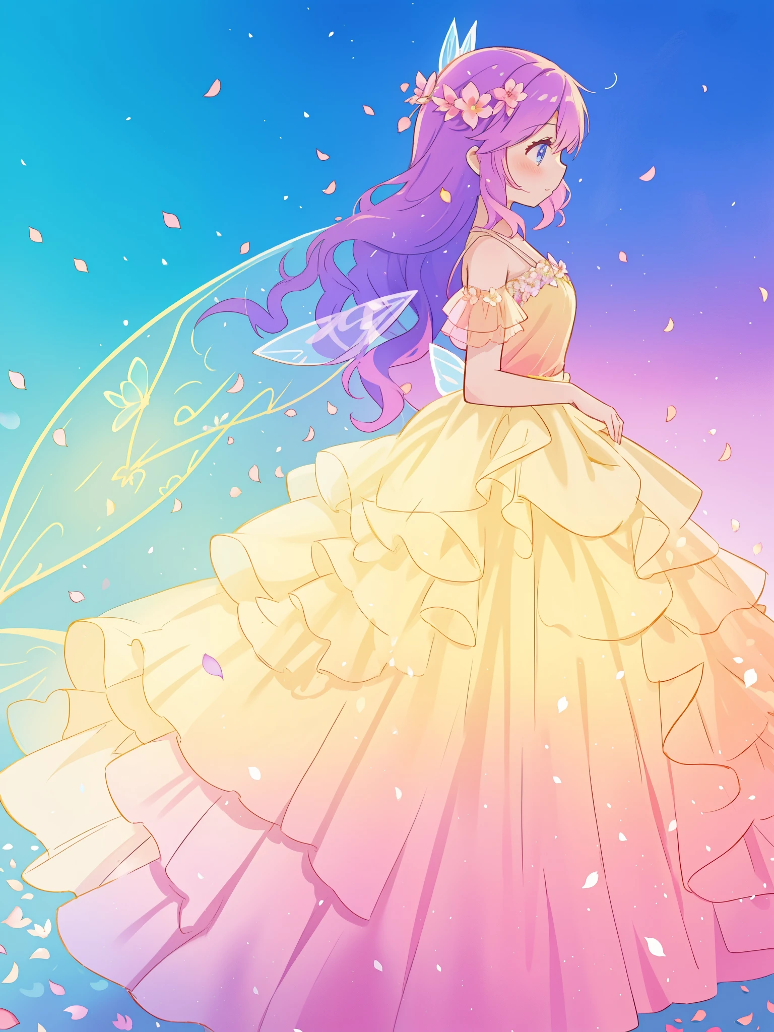 beautiful girl in tiered gradient ballgown dress, gradient colorful dress, ((layered flower petal skirt)), fairy dress, fairy queen, magical fantasia background, (glowing fairy wings), glowing flowing ballgown, long wavy hair, sparkling fairy wings, watercolor illustration, inspired by Glen Keane, inspired by Lois van Baarle, disney art style, jen bartel, beautiful digital illustration, beautiful, masterpiece, best quality, anime disney style