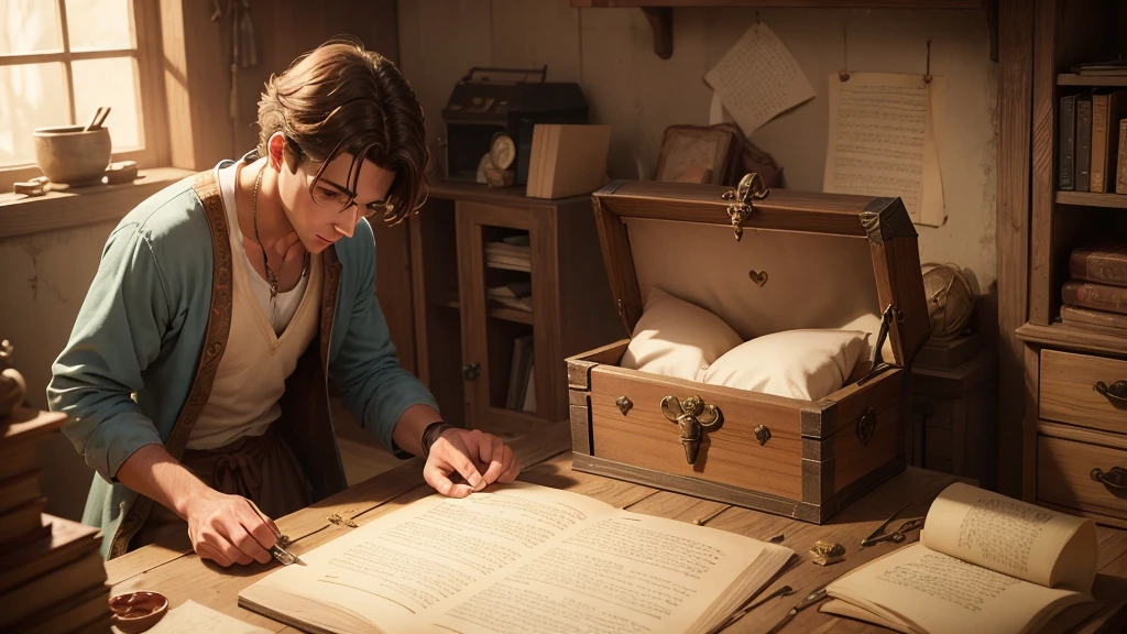 Opening an old, dusty chest revealing the love story written on parchment.