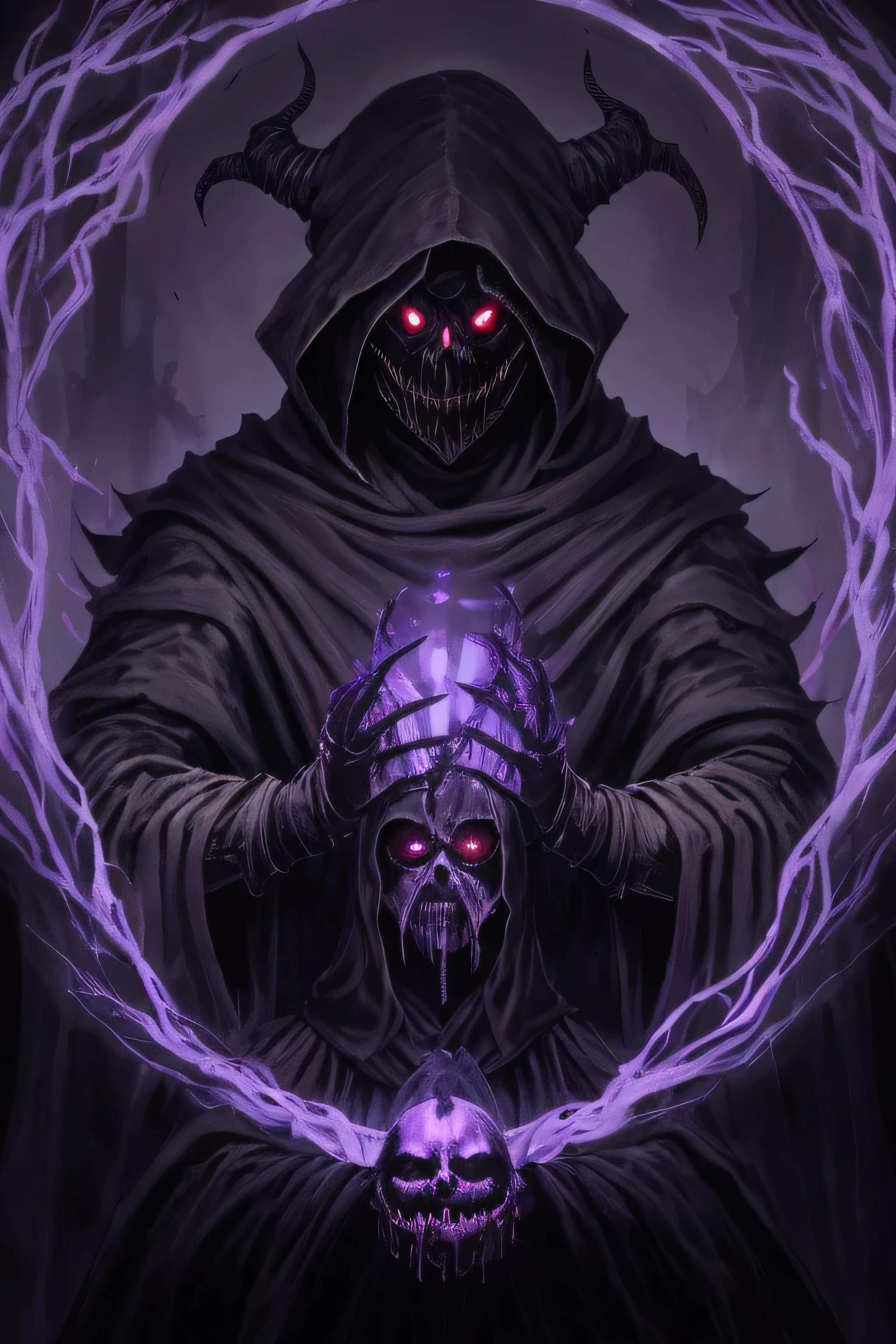 (ashenhard style:1.4), masterpiece, best quality, high quality,(((a dark faceless creature covered in black robes with a dark purple glow and glowing eyes and massive evil grin and surrounded by darkness:1.2))), (darkness:1.2), abstraction, abyssopelagic, award winning photography, Depth of Field, HDR, extremely detailed, trending on artstation, trending on CGsociety, Intricate, High Detail, horrific, scary, horror, grotesque, fantasy