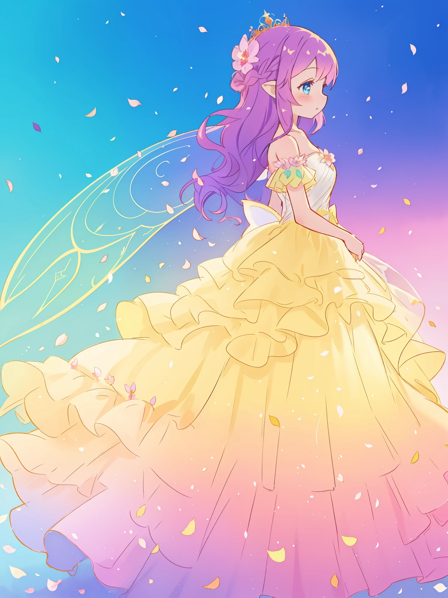 beautiful girl in tiered gradient ballgown dress, gradient colorful dress, ((layered flower petal skirt)), fairy dress, fairy queen, magical fantasia background, (glowing fairy wings), glowing flowing ballgown, long wavy hair, sparkling fairy wings, watercolor illustration, inspired by Glen Keane, inspired by Lois van Baarle, disney art style, jen bartel, beautiful digital illustration, beautiful, masterpiece, best quality, anime disney style