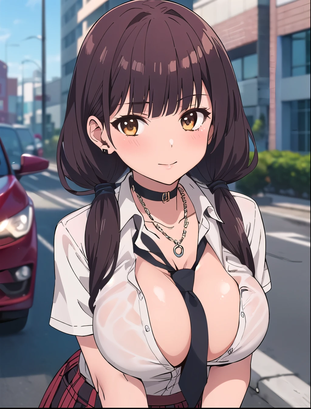 Huge cleavage, (masterpiece, top quality, best quality:1.2) cleavage, (cleavage), 1girl, solo, long hair, looking at viewer, bangs, brown hair, brown eyes, school uniform, upper body, necktie, vest, (low twintails, hair over shoulder,) black necktie, breasts, blush, skirt, large breasts, shirt, thighhighs, cleavage, school uniform, pleated skirt, choker, black thighhighs, necklace, bracelet, plaid, red skirt, garter straps, plaid skirt, thigh, partially unbuttoned, gyaru, kogal, shy look,  huge tits