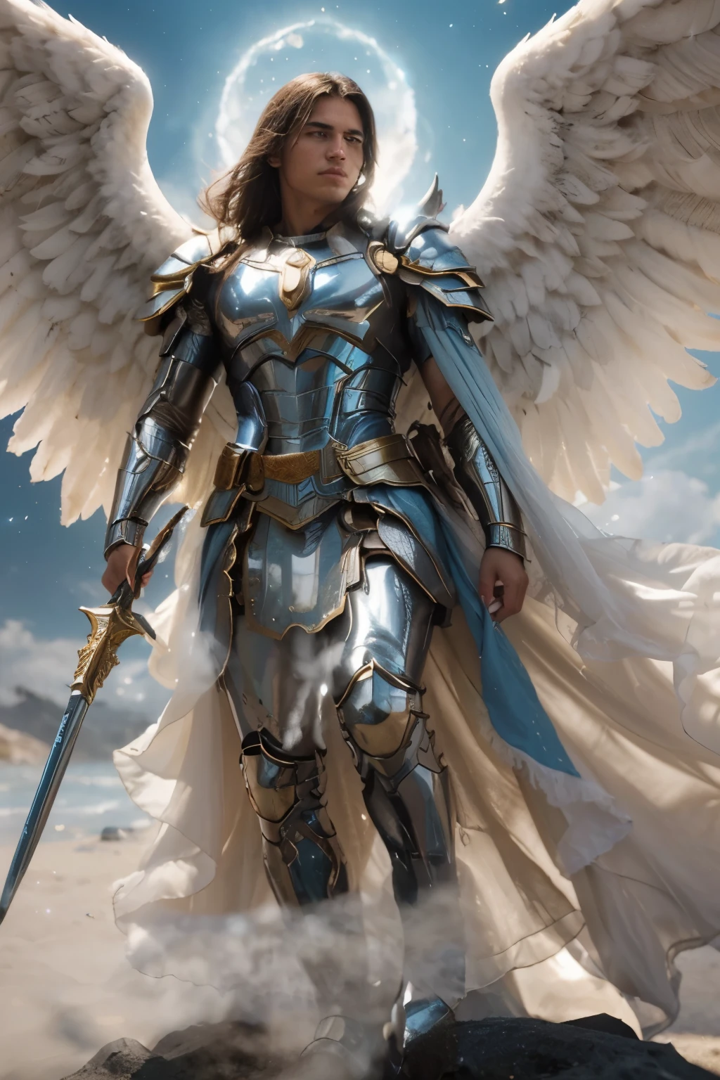 (((Male Guardian Angel Warrior. 17 years old. IN CUSTOM METALLIC COLORS maya blue))) luminoso, obra maestra, (Mejor calidad: 1.2), (super fine: 1.2), illustration, (extremadamente delicado y hermoso: 1.2), movie angle, flotante, (Hermoso detalle ojo: 1.1), (detalle de luz: 1.1), Movie Lights, Cielo delicado, ojos azules, (cola de caballo alta: 1. 1), capa, Ojeteador, cielo estrellado, (light particles: 1.1) Dibujo, flor. (obra maestra), (Mejor calidad), (fotorrealista:1.3), 8k, textura de piel detallada, Textura de tela detallada, hermoso rostro detallado, detalles intrincados, ultra detallado (Cuerpo completo:1.2)
Traducido con DeepL.con (Free version)