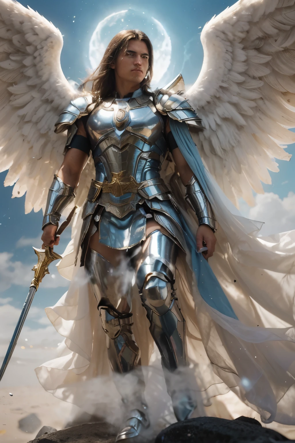 (((Male Guardian Angel Warrior. . IN CUSTOM METALLIC COLORS maya blue))) luminoso, obra maestra, (Mejor calidad: 1.2), (super fine: 1.2), illustration, (extremadamente delicado y hermoso: 1.2), movie angle, flotante, (Hermoso detalle ojo: 1.1), (detalle de luz: 1.1), Movie Lights, Cielo delicado, ojos azules, (cola de caballo alta: 1. 1), capa, Ojeteador, cielo estrellado, (light particles: 1.1) Dibujo, flor. (obra maestra), (Mejor calidad), (fotorrealista:1.3), 8k, textura de piel detallada, Textura de tela detallada, hermoso rostro detallado, detalles intrincados, ultra detallado (Cuerpo completo:1.2)

Traducido con DeepL.con (Free version)