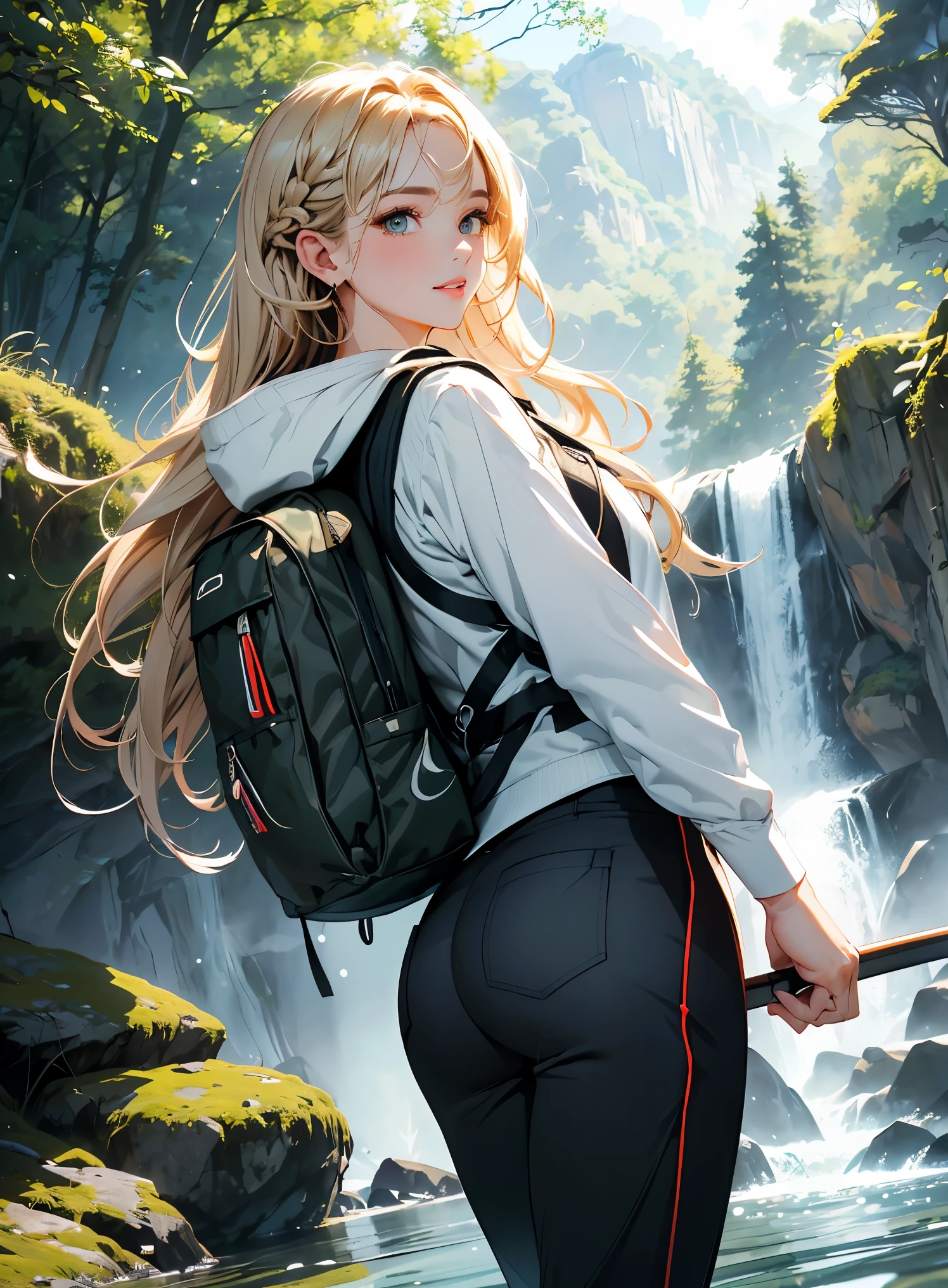 masterpiece、High resolution 8K、sharp focus、contrast lighting、ultra high resolution、ultra high resolution、Detailed CG、Low angle from the front、full body shot、Beautiful woman、beautiful eyes、(detailed face and iace:1 2)、narrow eyes、almond eye、brown eyes、gradation eye、highlight:1.2)、(beautiful blonde、long hair、Side braided hair、asymmetrical bangs、(plump lips、glossy lips、 size) 、(oval face : 1.4)、(thin fingered arms、detailed human hand)、川でWoman Fishing、Beautiful and wide river、Flowing waterfall、rock surface、moss、forest、Mont、blue sky、Flowing clouds、vapor、mist、full body pose、Holding a fishing rod in your hand、Fishing lure rod、Outdoor Vest、hoodie、Waders、Long pants for fishing、Big backpack)、Have a long fishing rod、She points the fishing rod in her hand toward the water&#39;s surface..、Woman Fishing、naughty smile、teeth visible、Low angle from the front、cowboy shot