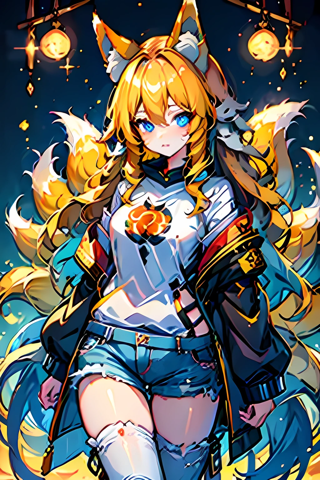 1girl, long hair, wavy hair, looking at viewer, blue eyes, simple background, animal ears, hair between eyes, standing, blonde hair, torn jeans, animal ear fluff, fox ears, red fox ears, fox tails, nine tails, red fox tails, sweatshirt, fox girl, kitsune girl, 