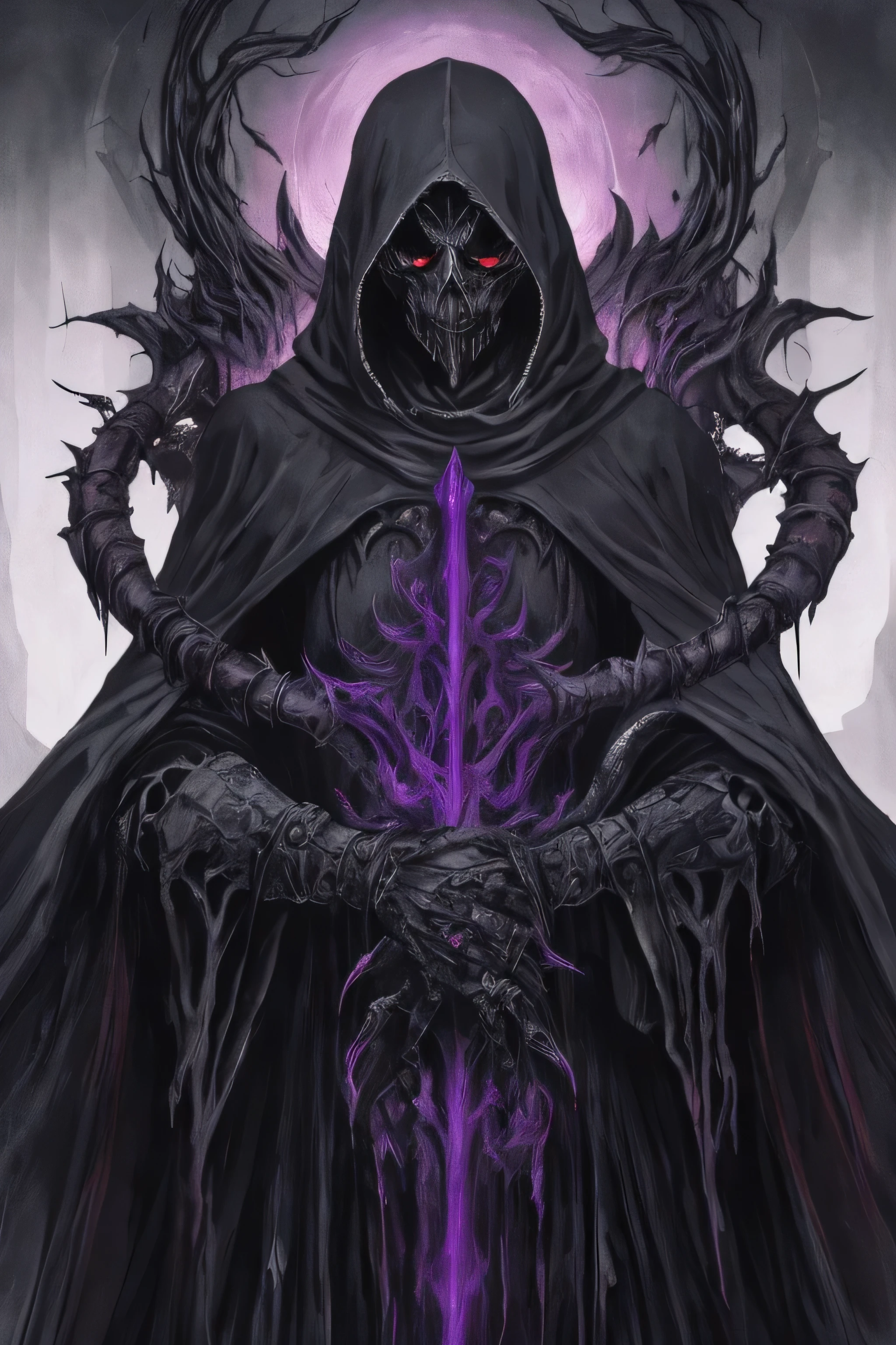 (ashenhard style:1.4), masterpiece, best quality, high quality,(a dark faceless creature covered in black robes with a dark purple glow and glowing eyes and massive evil grin and surrounded by darkness:1.2), (in profile), (darkness:1.2), abstraction, abyssopelagic, award winning photography, Depth of Field, HDR, extremely detailed, trending on artstation, trending on CGsociety, Intricate, High Detail, Horrific, Scary, Grotesque, Gore, Hellish