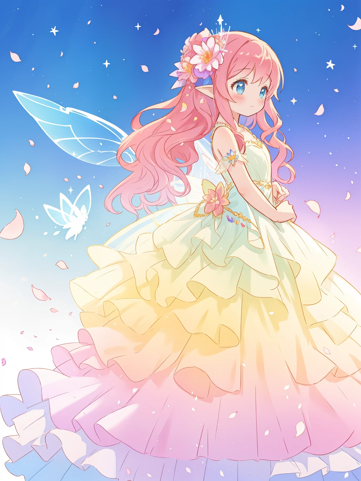 beautiful girl in tiered gradient ballgown dress, gradient colorful dress, ((layered flower petal skirt)), fairy dress, fairy queen, magical fantasia background, (glowing fairy wings), glowing flowing ballgown, long wavy hair, sparkling fairy wings, watercolor illustration, inspired by Glen Keane, inspired by Lois van Baarle, disney art style, jen bartel, beautiful digital illustration, beautiful, masterpiece, best quality, anime disney style