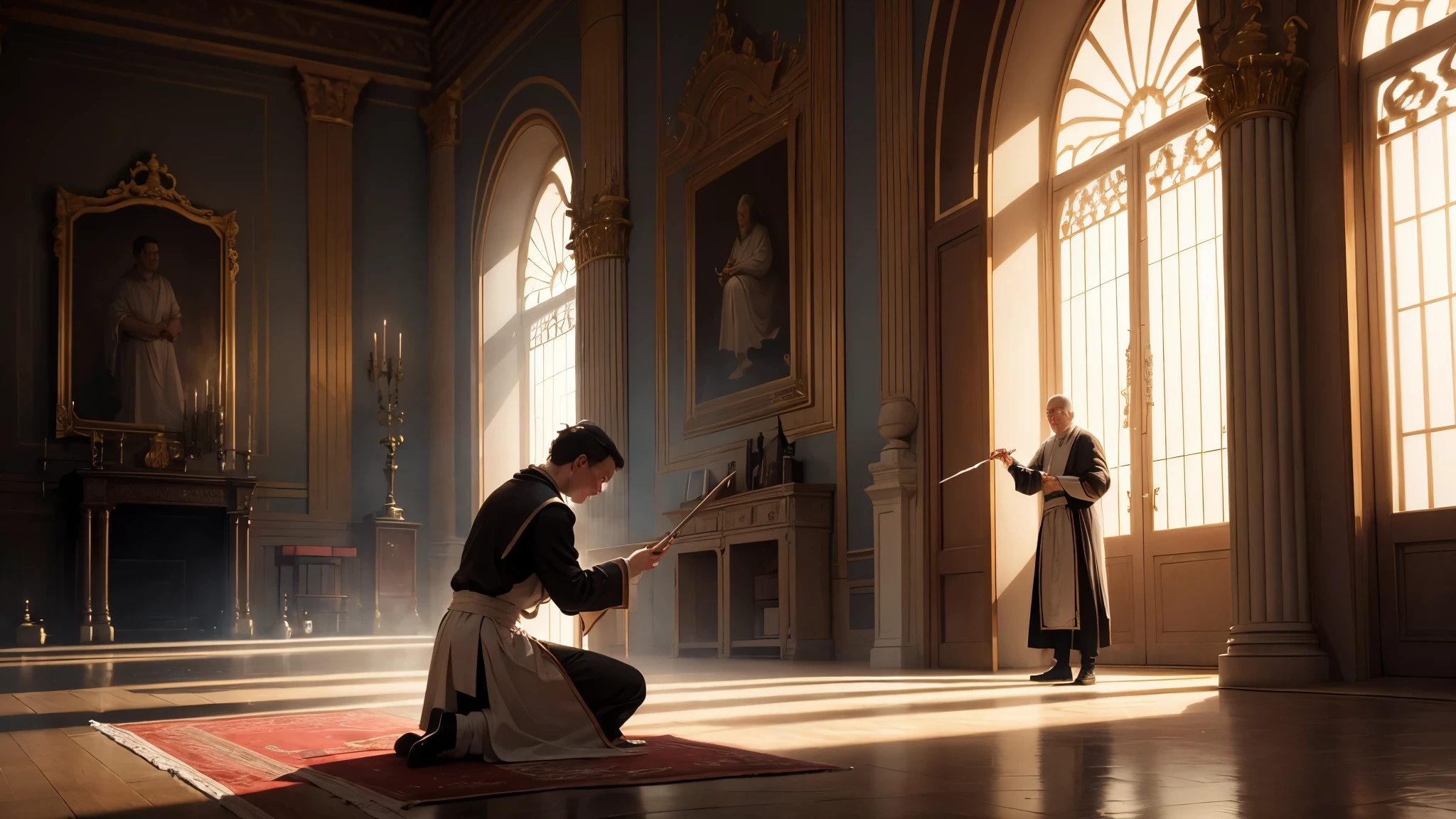 A priest performing a ritual in the palace to cleanse it.