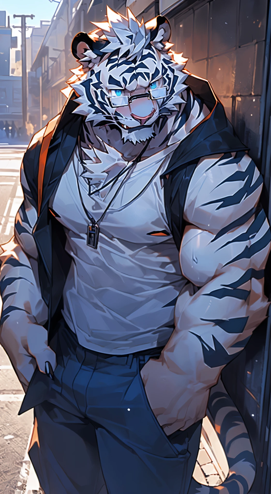 furry,Bright Eyes,delicate eyes,hairy,the white tiger,Tiger teeth,Glasses,方框Glasses,黑色Glasses,Bug's Eye View, 一头the white tiger,White tiger,White fur,Black stripes,male,high school student,sports student,tough guy,Rough man,Humble,Lovely,Handsome,sunny,august,Domineering,Tall and strong,Large pectoral muscles,8-pack abs,Blue pupils,Shy ,nervous,Blushing,Shy,shy,sweaty,half naked,Shirtless,shirtless,no clothes are worn,戴着Glasses,戴着黑色方框Glasses,露出Tiger teeth,露出一颗Tiger teeth,erectile,tempting,alone,intoxicated,pant,in motion