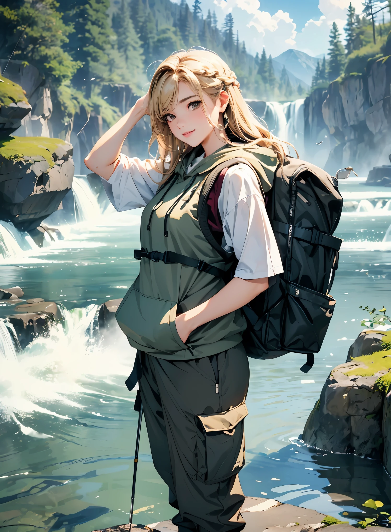 masterpiece、High resolution 8K、sharp focus、contrast lighting、ultra high resolution、ultra high resolution、Detailed CG、Low angle from the front、full body shot、Beautiful woman、beautiful eyes、(detailed face and iace:1 2)、narrow eyes、almond eye、brown eyes、gradation eye、highlight:1.2)、(beautiful blonde、long hair、Side braided hair、asymmetrical bangs、(plump lips、glossy lips、 size) 、(oval face : 1.4)、(thin fingered arms、detailed human hand)、川でWoman Fishing、Beautiful and wide river、Flowing waterfall、rock surface、moss、forest、Mont、blue sky、Flowing clouds、vapor、mist、full body pose、Holding a fishing rod in your hand、Fishing lure rod、Outdoor Vest、hoodie、Waders、Long pants for fishing、Big backpack)、Have a long fishing rod、She points the fishing rod in her hand toward the water&#39;s surface..、Woman Fishing、naughty smile、teeth visible、Low angle from the front、cowboy shot