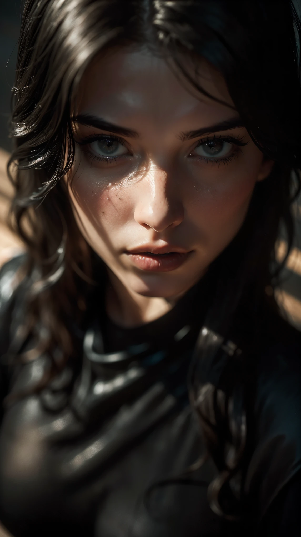 (((ultra realistic))) Photo, masterpiece, top quality, (pale skin), (Ultra detailed face and eyes:1.2), (yellow eyes), 1 girl, naked, (Eye makeup, mascara) , (large detailed lips), ((Dark wavy hair)) , ((Stylish hairstyle)) , (Chyolka) , (Natural breasts). ((Posing)), photoshoot, studio (Contour lighting), (The play of light and shadows), depth of field, bokeh, (special attention to skin detail: 1.2), Detailed leather texture, skin pores. (Dark and gloomy atmosphere of the frame. color scheme - black, Gray, ash tones), ((Film grain, VHS effect)), ((rays)) , ((flare)), ((close to the camera, view from above)) , ultra detialed,