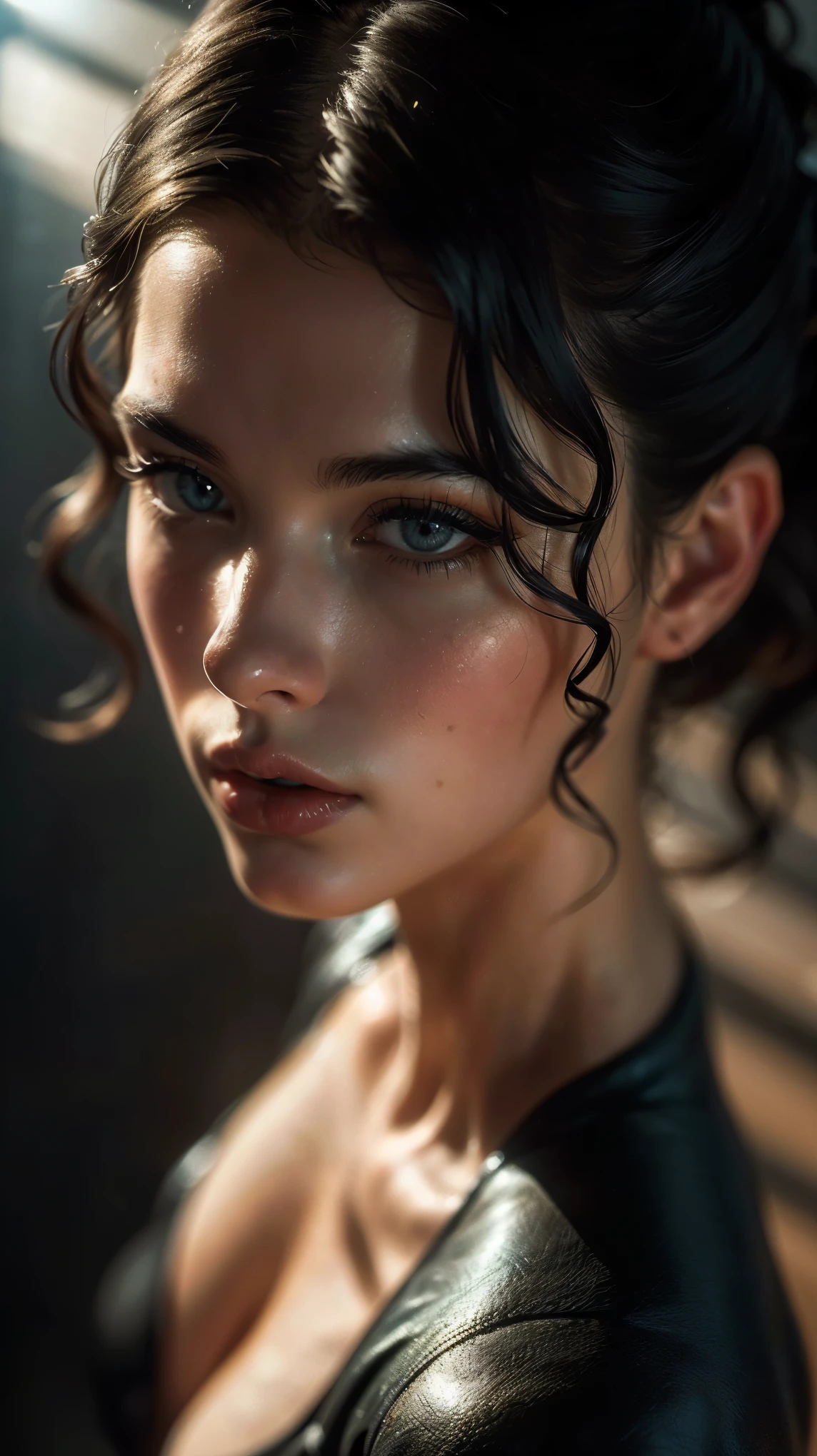 (((ultra realistic))) Photo, masterpiece, top quality, (pale skin), (Ultra detailed face and eyes:1.2), (yellow eyes), 1 girl, naked, (Eye makeup, mascara) , (large detailed lips), ((Dark wavy hair)) , ((Stylish hairstyle)) , (Chyolka) , (Natural breasts). ((Posing)), photoshoot, studio (Contour lighting), (The play of light and shadows), depth of field, bokeh, (special attention to skin detail: 1.2), Detailed leather texture, skin pores. (Dark and gloomy atmosphere of the frame. color scheme - black, Gray, ash tones), ((Film grain, VHS effect)), ((rays)) , ((flare)), ((close to the camera, view from above)) , ultra detialed, 
