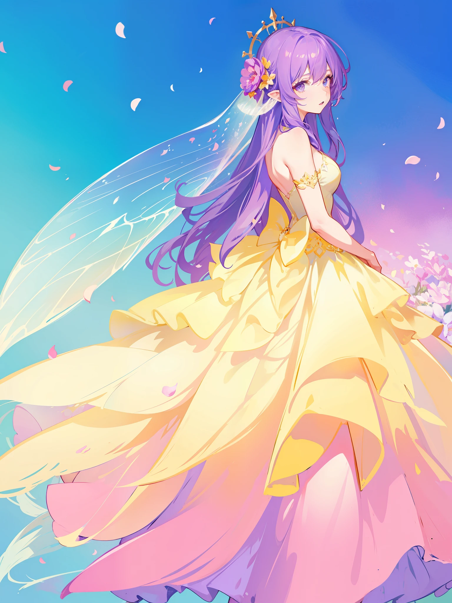 beautiful girl in tiered gradient ballgown dress, gradient colorful dress, ((layered flower petal skirt)), fairy dress, fairy queen, magical fantasia background, (glowing fairy wings), glowing flowing ballgown, long wavy hair, sparkling fairy wings, watercolor illustration, inspired by Glen Keane, inspired by Lois van Baarle, disney art style, jen bartel, beautiful digital illustration, beautiful, masterpiece, best quality, anime disney style