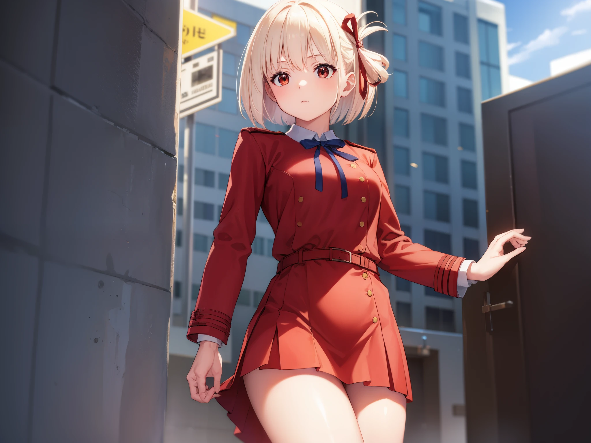 High Quality, Masterpiece, 1girl, nishikigi chisato, yellow hair, bob cut, hair ribbon, lycoris uniform, two-tone dress, huge breast, thick legs, red dress, grey dress, neck ribbon, long sleeves, double v, seductive smile, grin, leaning forward, thighight, hands on hip