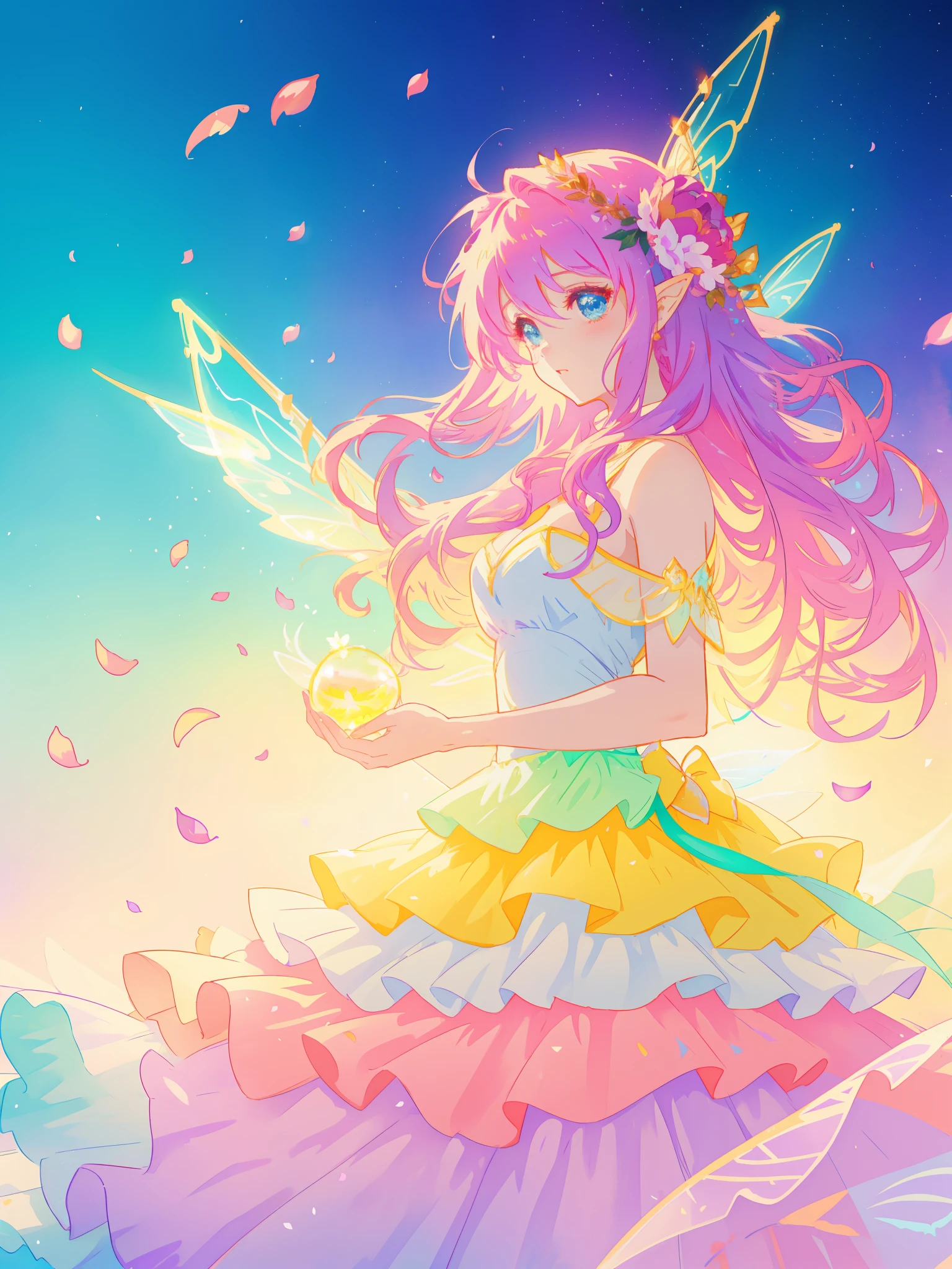 beautiful girl in tiered gradient ballgown dress, gradient colorful dress, ((layered flower petal skirt)), fairy dress, fairy queen, magical fantasia background, (glowing fairy wings), glowing flowing ballgown, long wavy hair, sparkling fairy wings, watercolor illustration, inspired by Glen Keane, inspired by Lois van Baarle, disney art style, jen bartel, beautiful digital illustration, beautiful, masterpiece, best quality, anime disney style