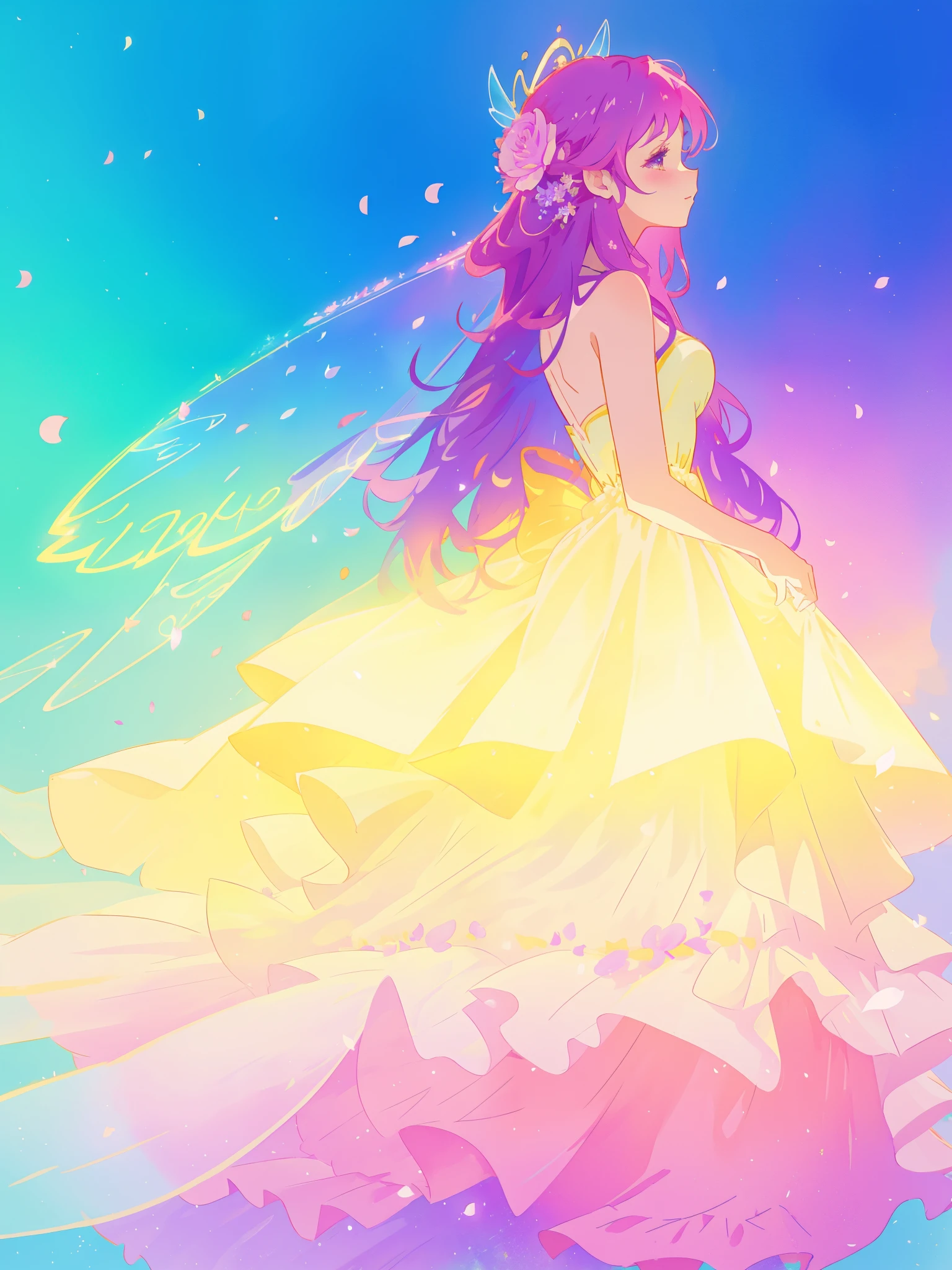 beautiful girl in tiered gradient ballgown dress, gradient colorful dress, ((layered flower petal skirt)), fairy dress, fairy queen, magical fantasia background, (glowing fairy wings), glowing flowing ballgown, long wavy hair, sparkling fairy wings, watercolor illustration, inspired by Glen Keane, inspired by Lois van Baarle, disney art style, jen bartel, beautiful digital illustration, beautiful, masterpiece, best quality, anime disney style