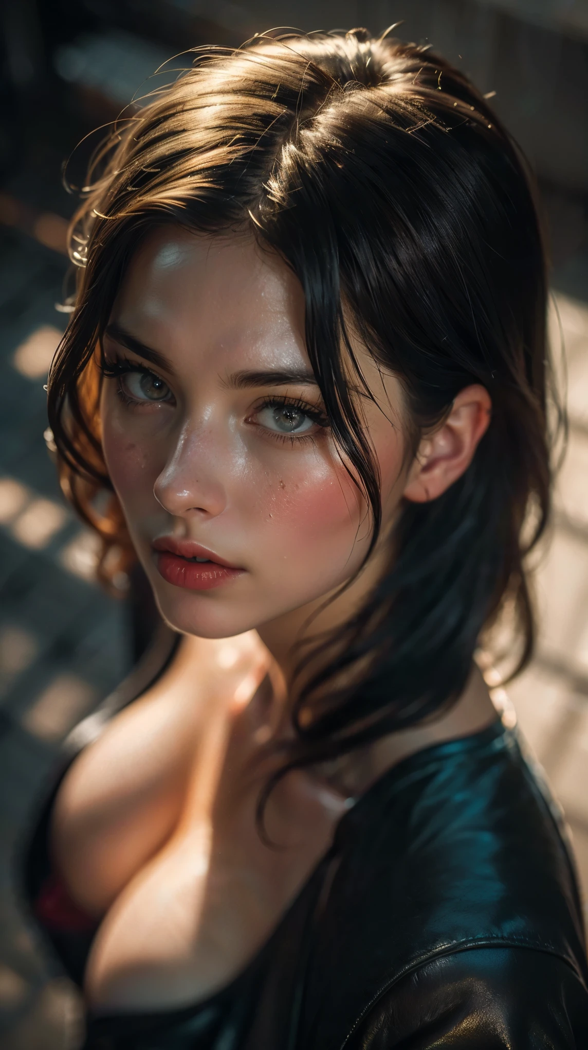 (((ultra realistic))) Photo, masterpiece, top quality, (pale skin), (Ultra detailed face and eyes:1.2), (yellow eyes), 1 girl, naked, (Eye makeup, mascara) , (large detailed lips), ((Dark straight hair)), ((Chyolka)) , (Natural breasts). ((Posing)), photoshoot, studio (Contour lighting), (The play of light and shadows), depth of field, bokeh, (special attention to skin detail: 1.2), Detailed leather texture, skin pores. (Dark and gloomy atmosphere of the frame. color scheme - black, Gray, ash tones), ((Film grain, VHS effect)), ((rays)) , ((flare)), ((close to the camera, view from above)) , ultra detialed,