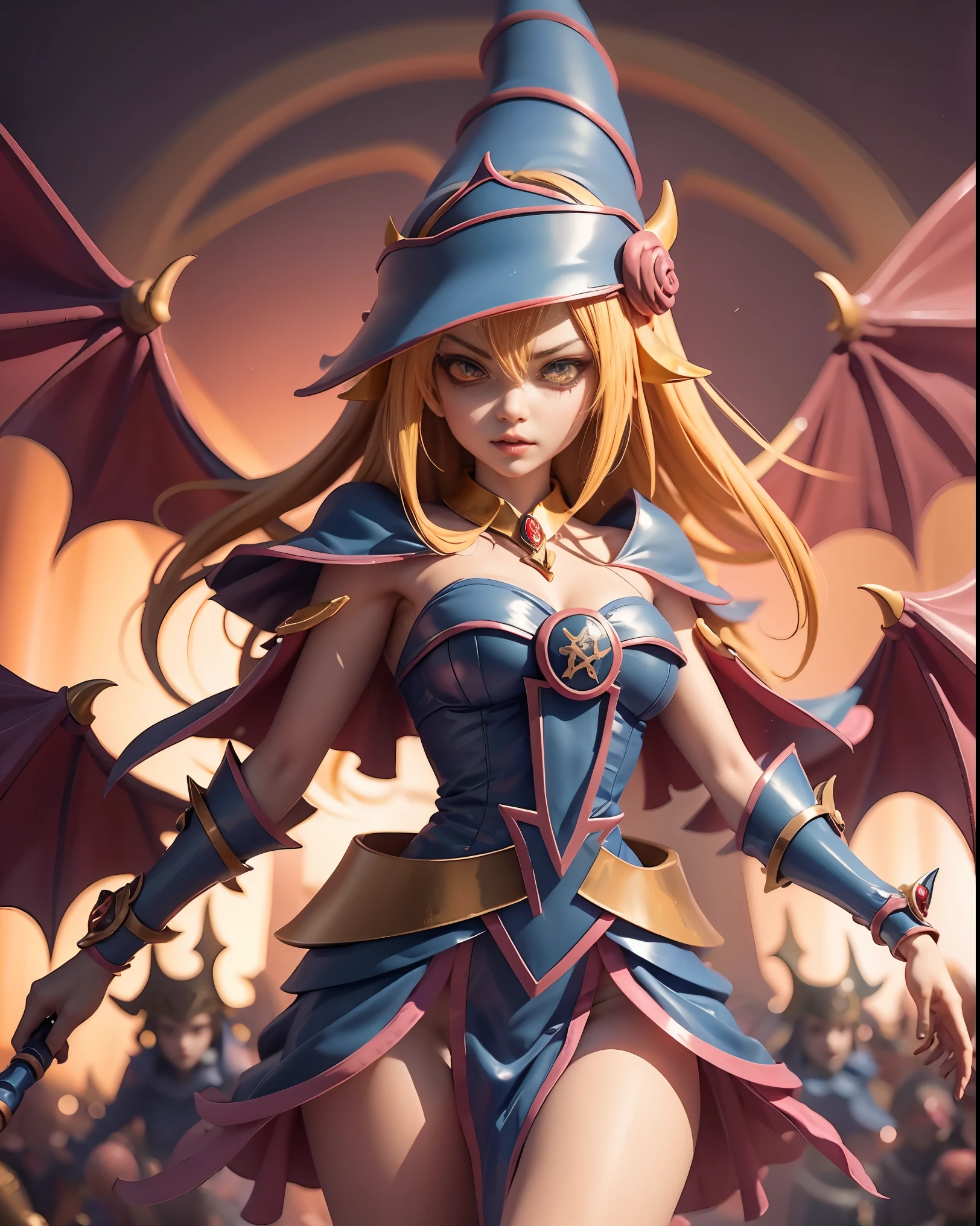 Dark magician girl as a scary legendary demon in the burning hell realm with an army of demons
