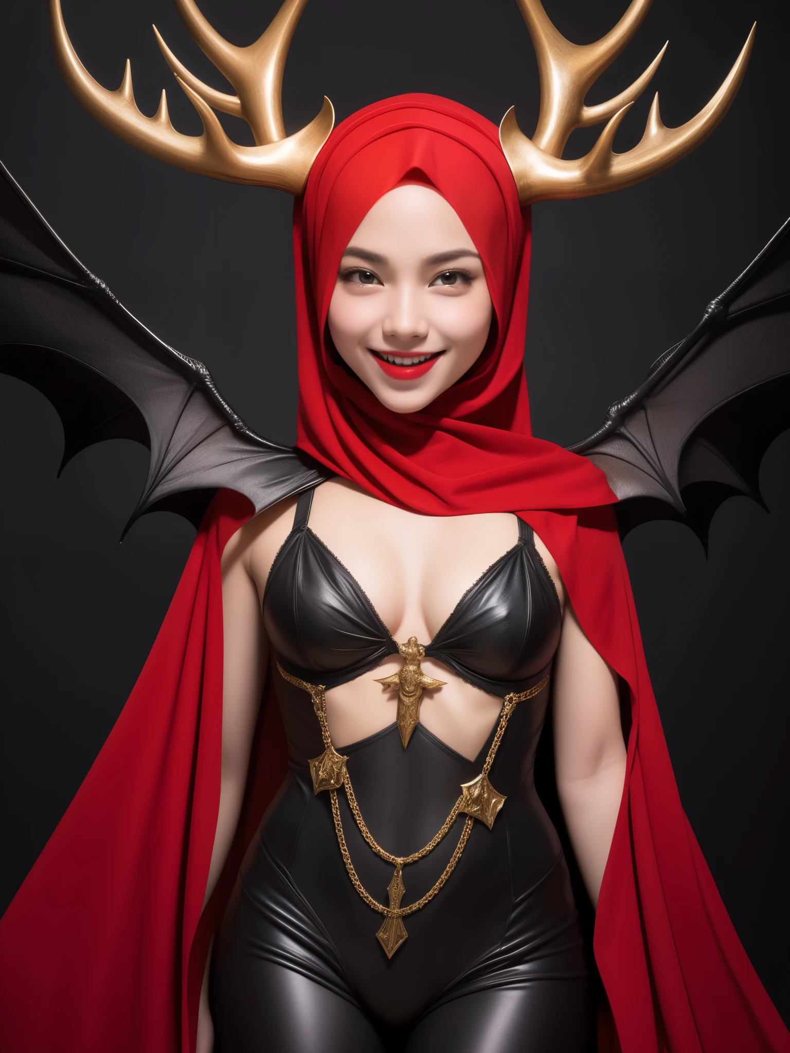 An devil sexy pose, pair of bat wings attached on back body, realistic face, angelic body, moose horn on head((attached)) , red veils, happy eyes, smirk smiling, low density, 10 sharpen, exposed body veils
Location: fantasy land