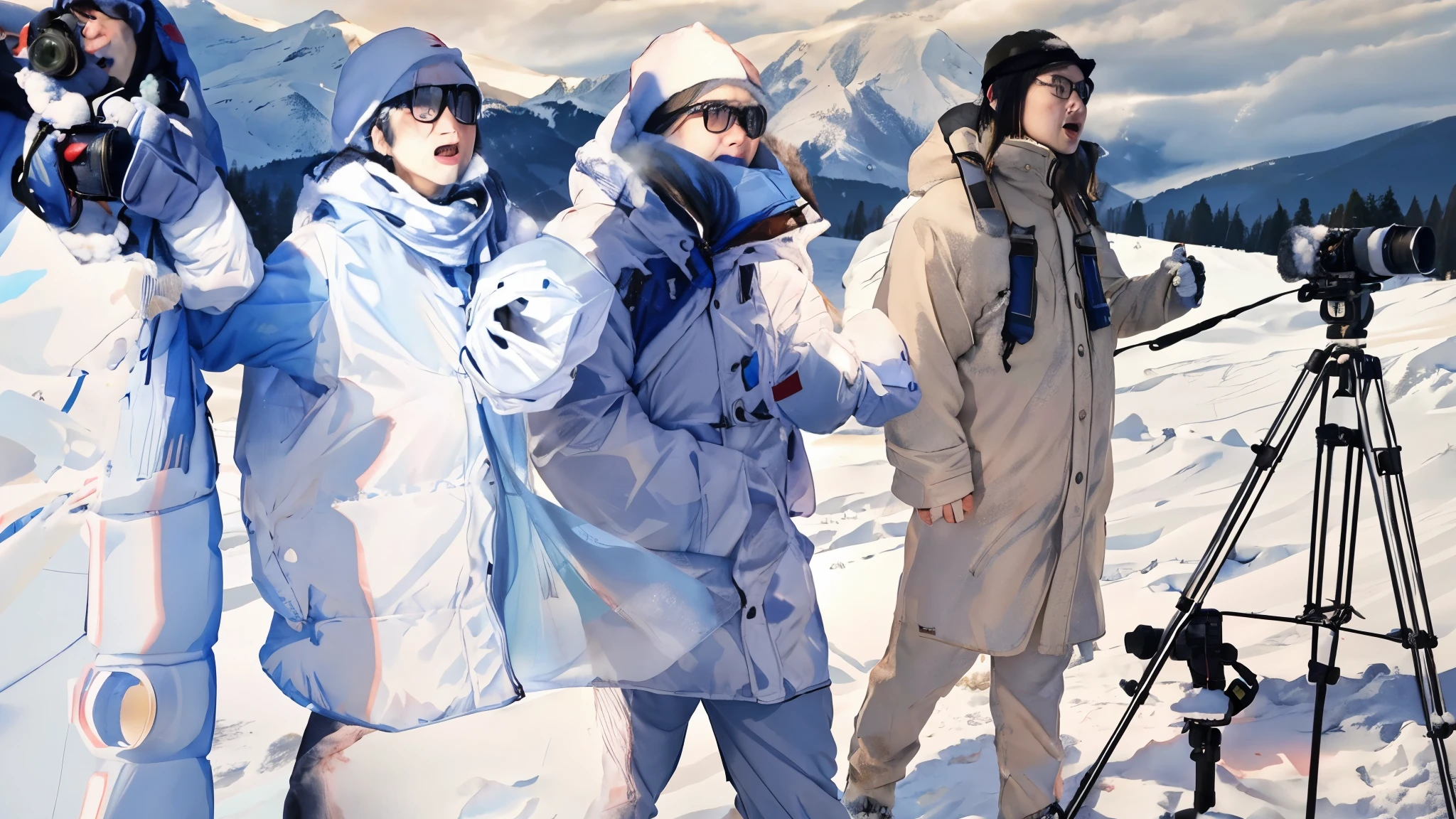 Several people standing in the snow,Hands holding camera and camera, shooting, DOCUMENTARY MOVIE, towards camera, , national geographic photoshoot, DOCUMENTARY MOVIE剧照, Everyone looks ahead