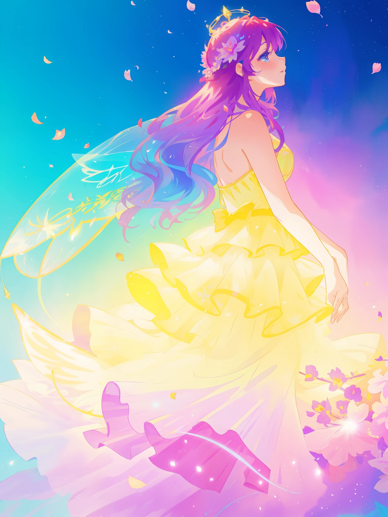 beautiful girl in tiered gradient ballgown dress, gradient colorful dress, ((layered flower petal skirt)), fairy dress, fairy queen, magical fantasia background, (glowing fairy wings), glowing flowing ballgown, long wavy hair, sparkling fairy wings, watercolor illustration, inspired by Glen Keane, inspired by Lois van Baarle, disney art style, jen bartel, beautiful digital illustration, beautiful, masterpiece, best quality, anime disney style
