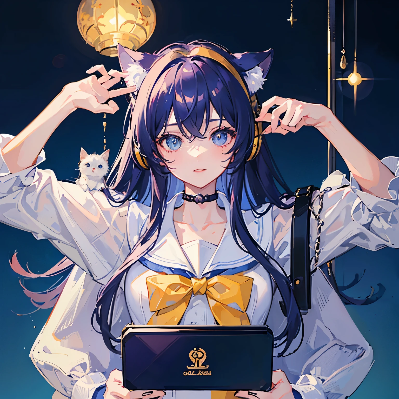((highest quality)), ((masterpiece)), (be familiar with), perfect face　[highest quality　masterpiece] sailor suit　Larger sweater　Moe sleeves　I have an old portable game console and am obsessed with it.　on the train　cat ear headphones　Beautiful eyes that shine like jewels　Eye color is pink and light blue　black neat hair　long hair