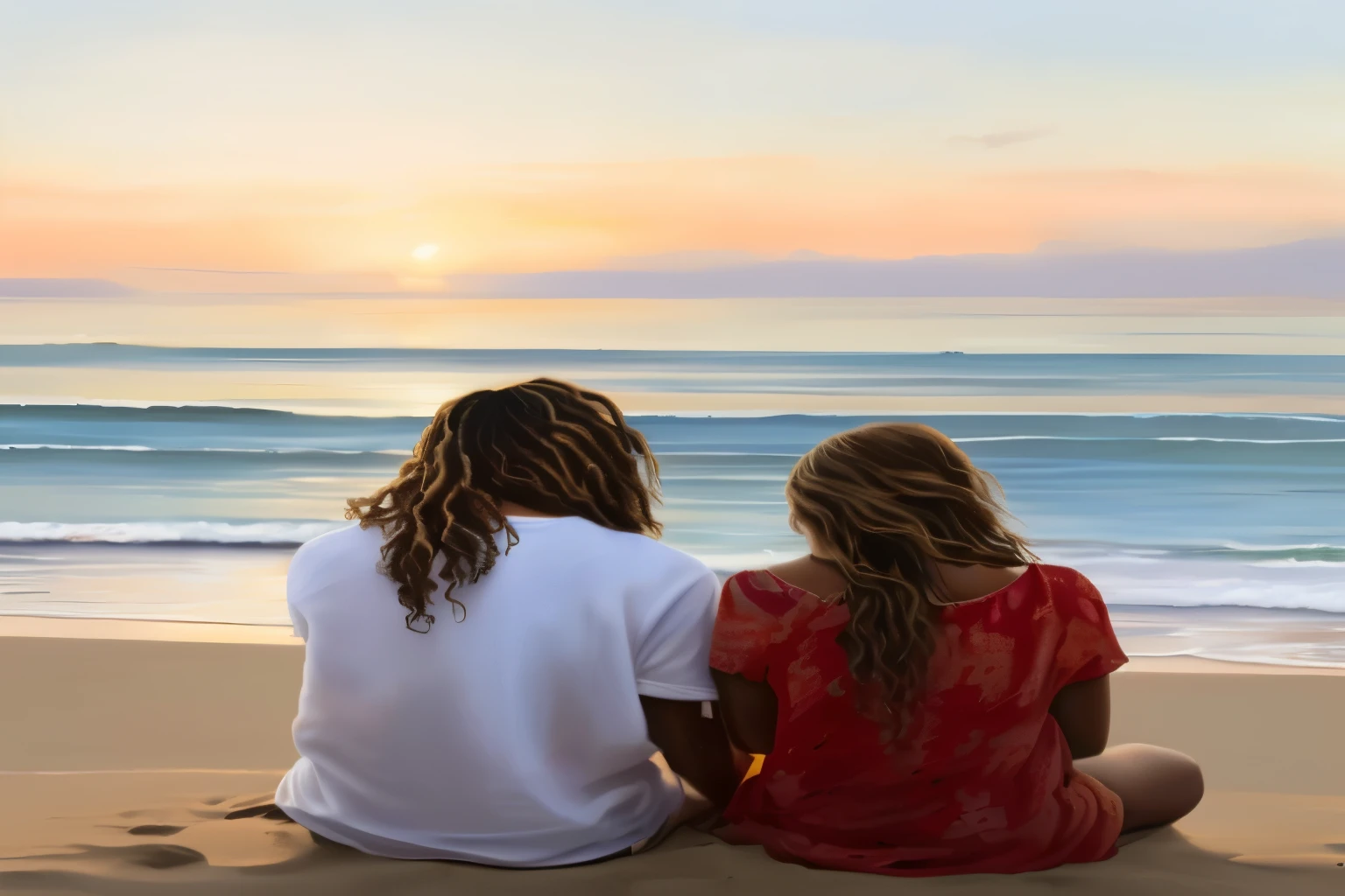 painting of two people sitting on the beach watching the sunset, watching the sunset, olhando para o oceano, looking at the sunset, com vista para o oceano, pintura bonita de amigos, olhando para o oceano, looking at sunset, gazing at the water, romantic painting, com vista para a praia, casal romantico, )Cabelo do Homen Estilo dread )on the beach at sunset, olhando para o horizonte