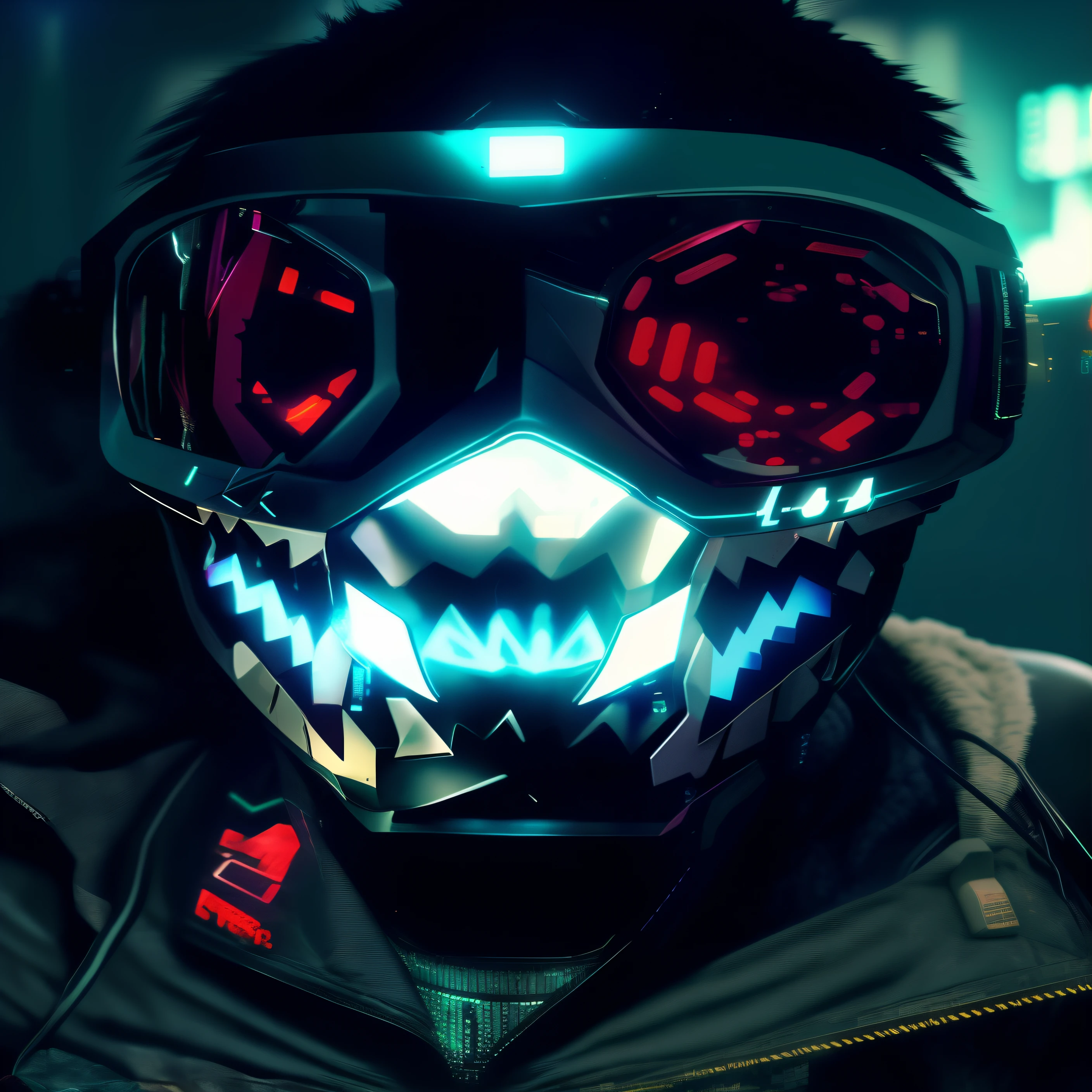 wearing a mask、Close-up of man with red eyes, cyberpunk face, cyberpunk horror style, Bright cyberpunk lights, 头盔middle发光的眼睛, cyberpunk art style, cyberpunk style, cyberpunk hacker, Cyberpunk atmosphere, Cyberpunk atmospheres, exist《Cyberpunk 2077》middle, cyberpunk art style, neon operator, cyberpunk digital art, Crash Punk, Cyberpunk Dark Synth