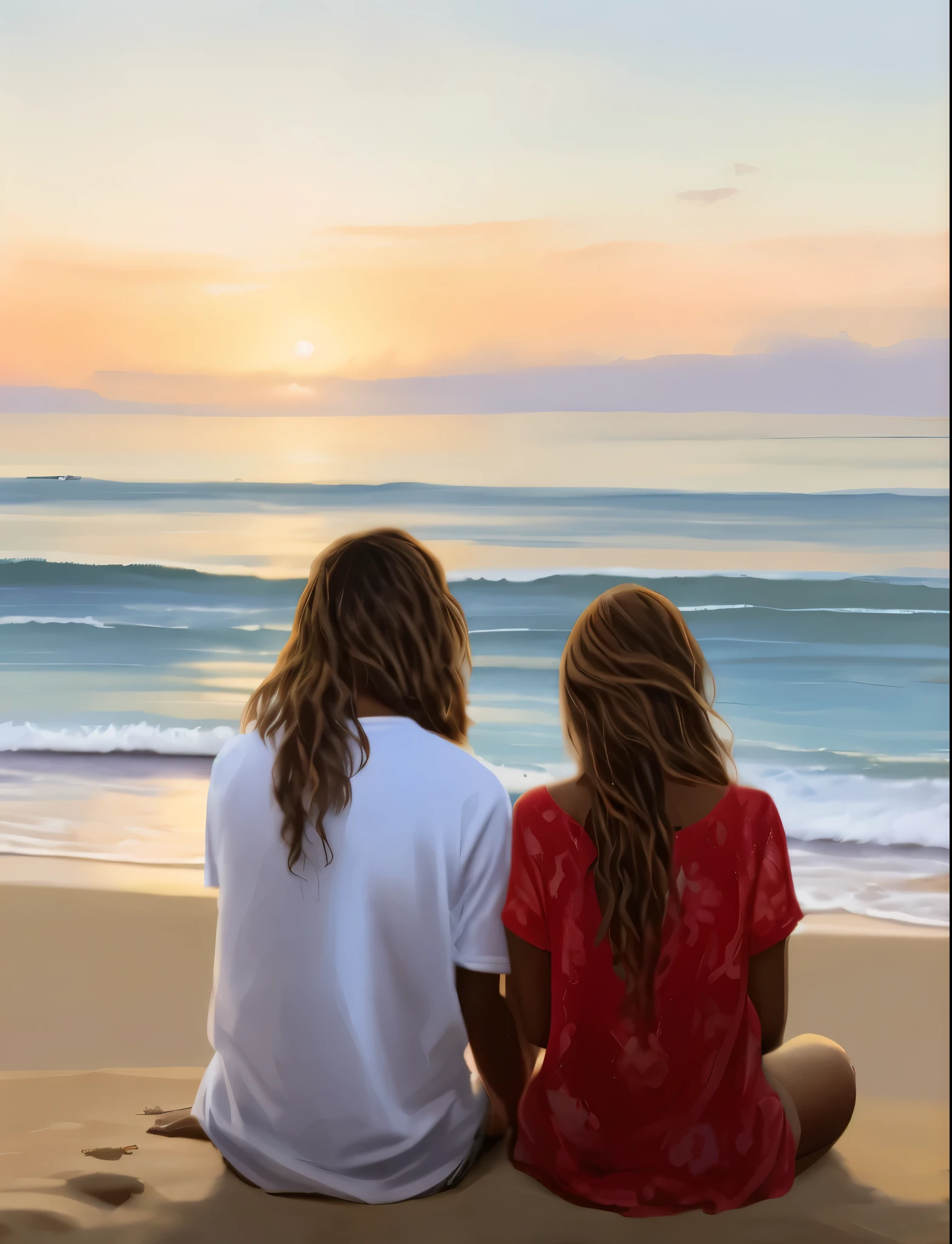 painting of two people sitting on the beach watching the sunset, uma pintura digital de Maggie Hamilton, tumblr, arte digital, watching the sunset, olhando para o oceano, looking at the sunset, com vista para o oceano, pintura bonita de amigos detalhe do cabelo masculino estilo Dreads amarrados, olhando para o oceano, looking at sunset, gazing at the water, com vista para a praia, romantic painting, casal romantico