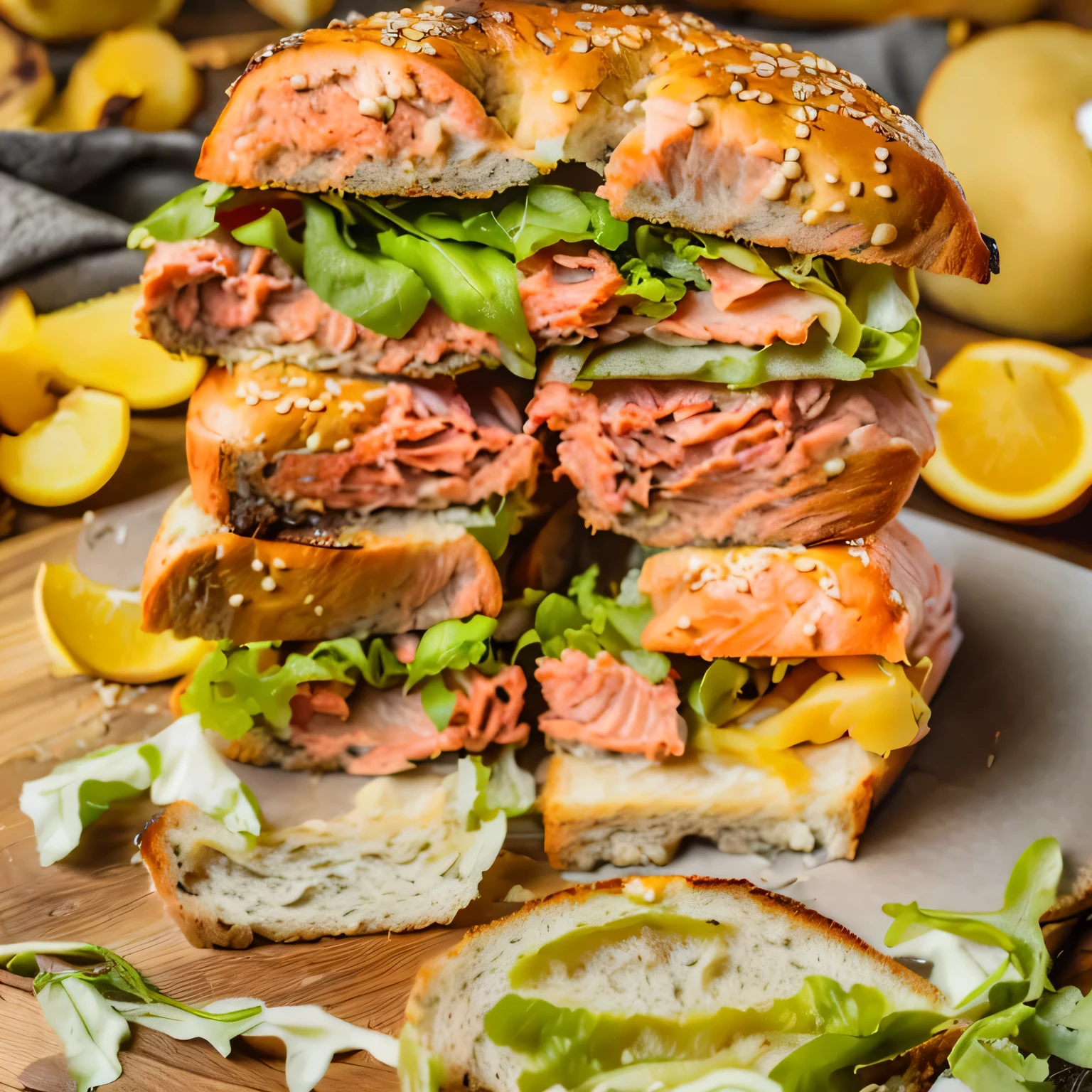 there is a sandwich with salmon and cheese on a plate, full subject shown in photo, high quality food photography, bagels, professional food photography, salmon, salmon khoshroo, ❤🔥🍄🌪, 3 4 5 3 1, a wide full shot, soft, recipe, easy, profile close-up view, michael angelo inspired, close up food photography