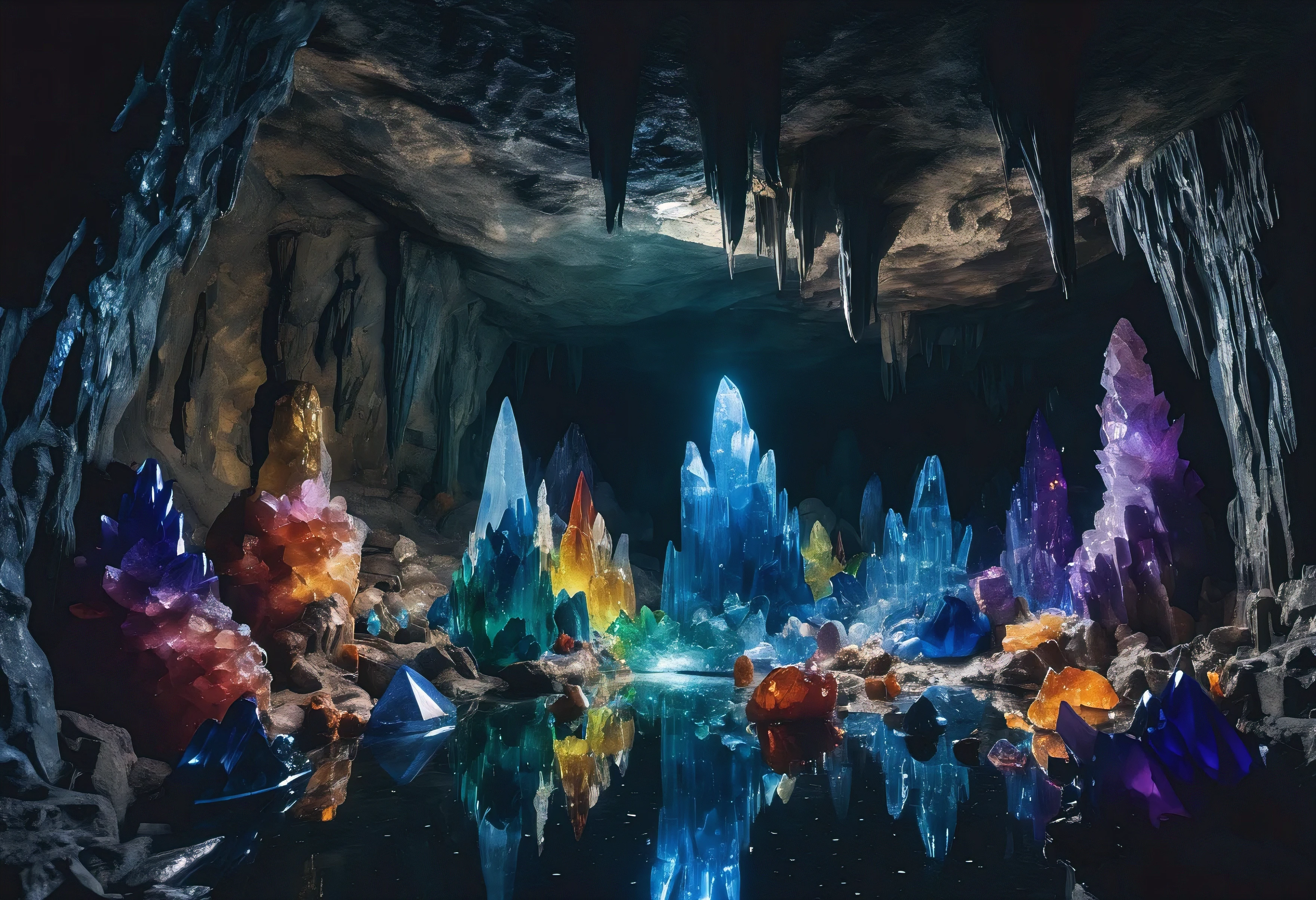 a vast crystal cave covered in sapphire sculptures of monsters, colorful crystals, reflections and sparkles, light shining in from a hole in the ceiling, waterfall from the surface, strange creatures lurk throughout, light shining through, in a dark cave, rendered in octane, realistic, film grain, 35mm, 1600 ISO, Sony a7riv, (detailed, high quality, highres, high saturation, high quality)