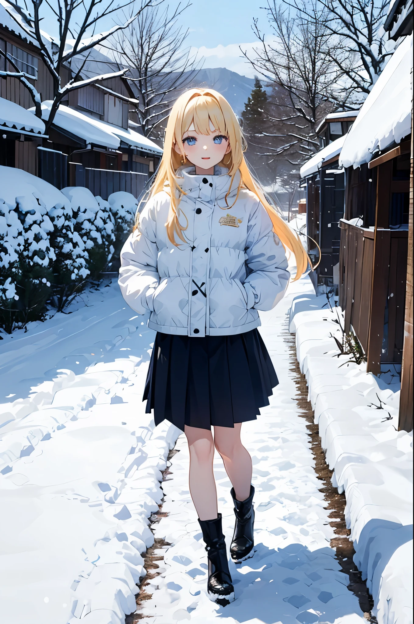 1 girl、long hair、blonde hair、blue eyes、winter、snow、winter、1 girl、stroll、紙吹snow、skirt up