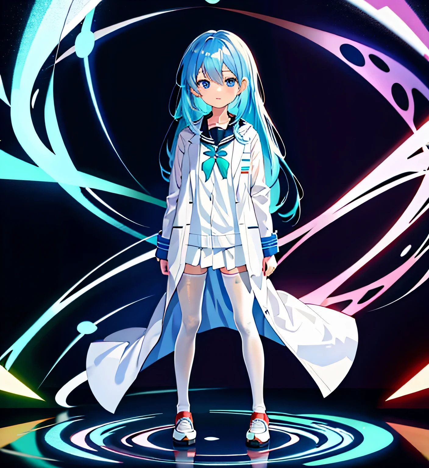 wearing a lab coat, full_Body!!,official character art, Produced by Anime Painter Studio,long blue hair,blue eyes,Kayano wind flower,Change,white pantyhose,round toe shoes,Sailor suit,Laboratory white coat,image body,stand up,Three no girls,His face was dark,Bad breasts