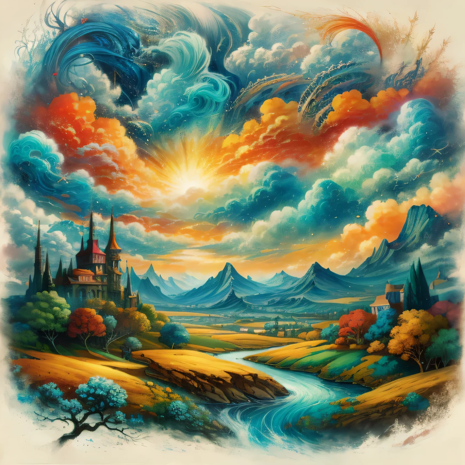Zentagle extreme effect, surrealism, ((A Pillow of Winds)), beautiful artwork, landscape with Variegated splashes of color, fantastical surrealist, elegant, storm clouds, high definition, by Daniel Merriam, masterpiece, best quality, detailed, 4k, Trending on Artstation