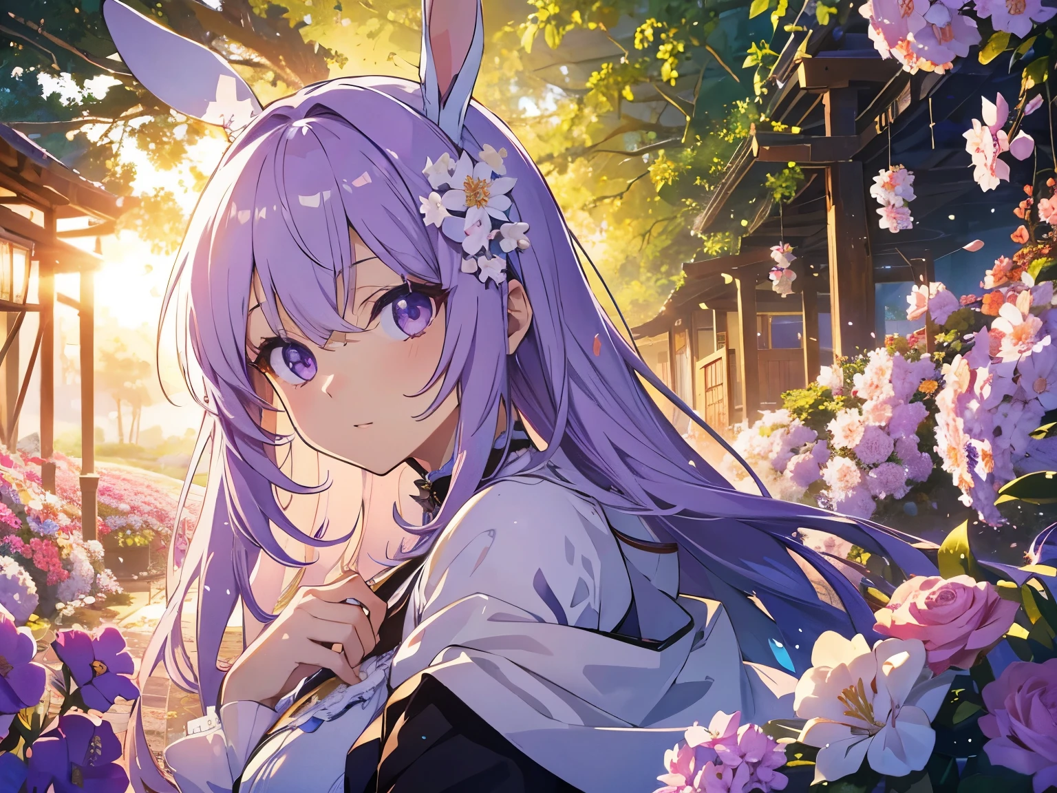 Official Art, Masterpiece European female, light purple hair , purple eyes, (masterpiece、top-quality、hight resolution: 1.4),in 8K, Anime Art Nouveau, highly detailed exquisite fanart, anime fantasy illustration, clean detailed anime art, detailed anime art, Sharp Focus, Delicate Beautiful Hair and Eyes and Face, realisitic, ultra-detailliert, flower garden, sunlight, white bunny ears,